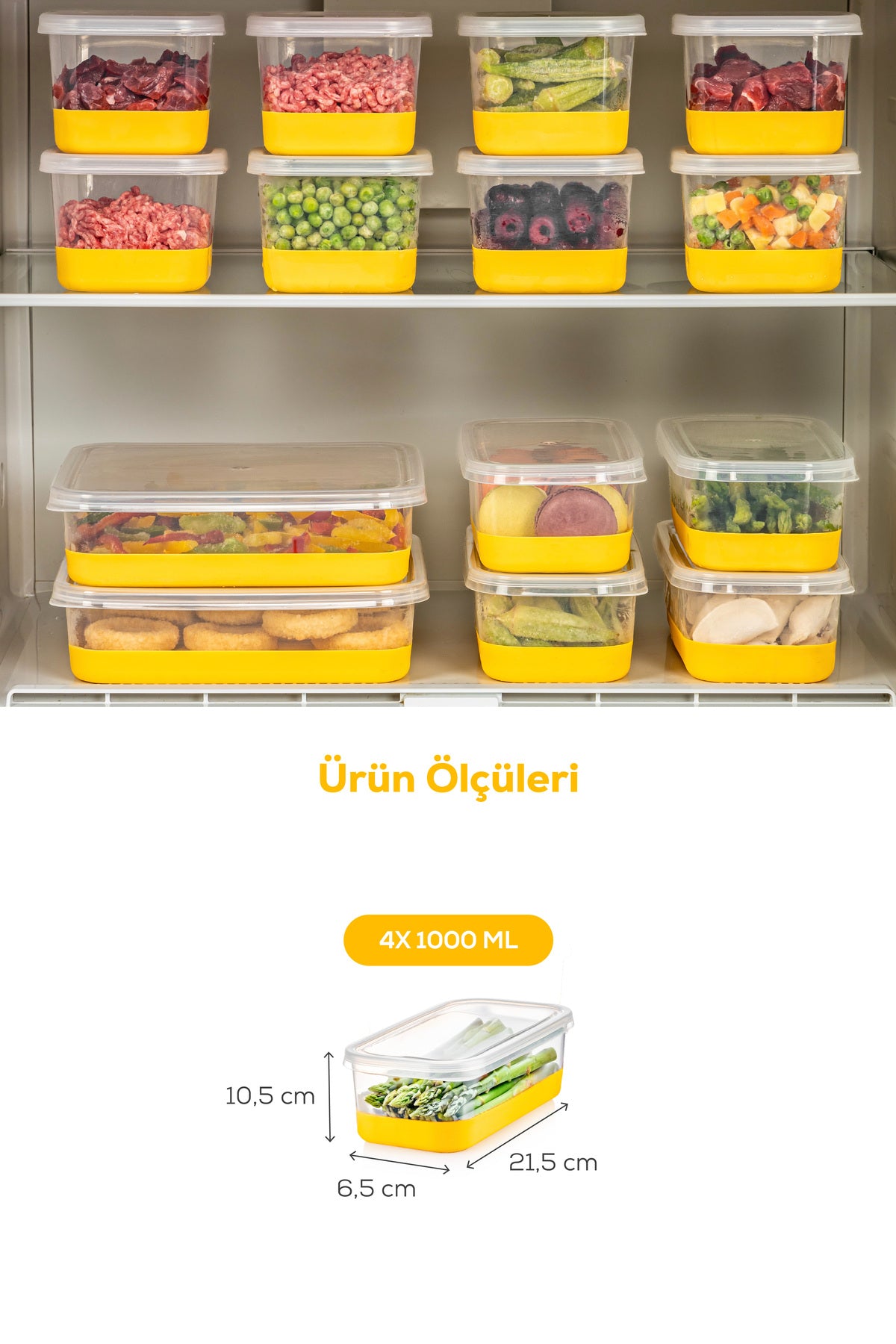 4 Parça 1000 ml Yumuşak Tabanlı Derin Dondurucu - Difriz Saklama Kabı Sarı
