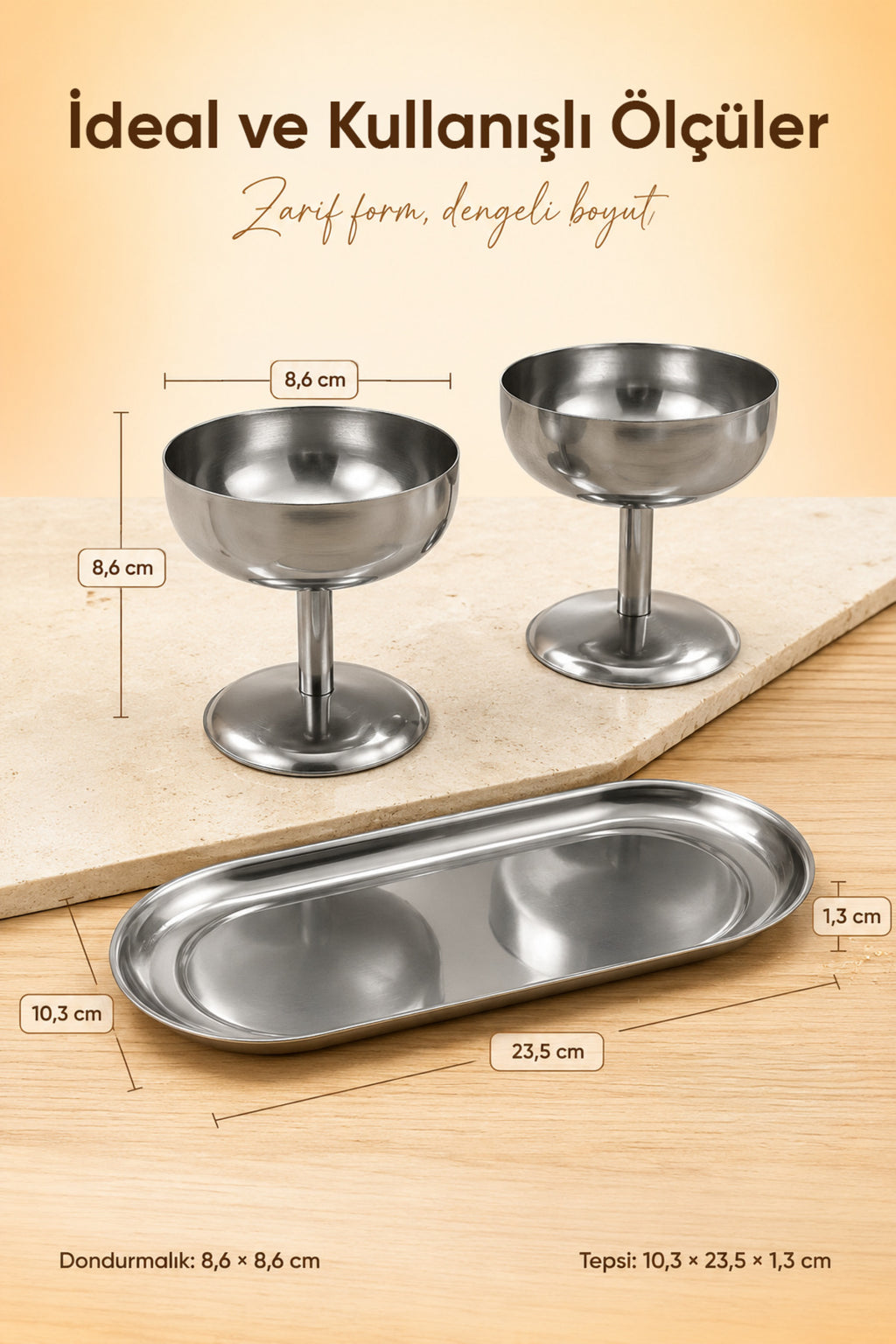 3'lü Set Gümüş Renk Metal Dondurmalık Seti (2x Geniş Kısa Kase 1x Kayık Tabak) - Şık Sunum ve Tatlı Kasesi