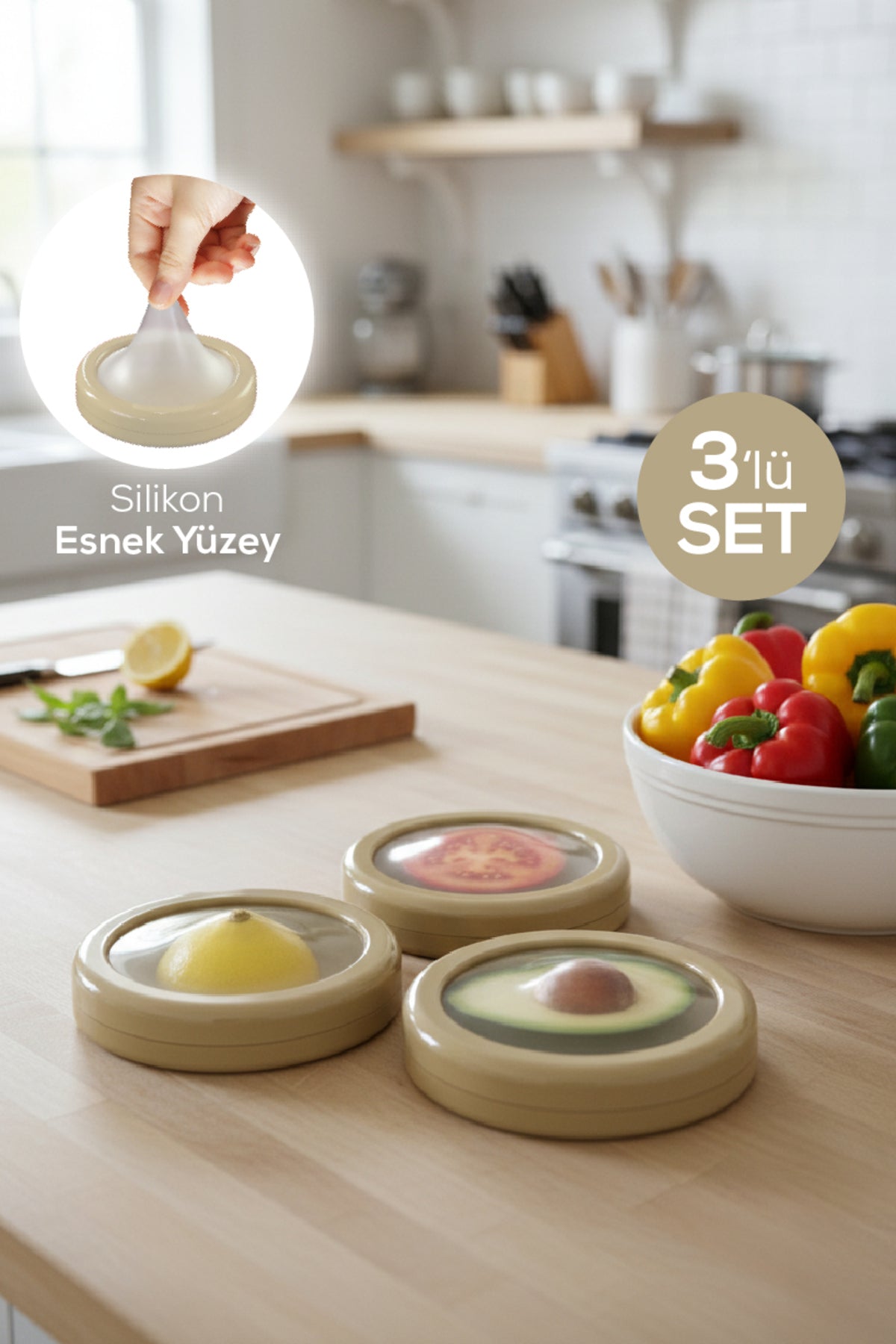 3'lü Buzdolabı Için Yarım Meyve Ve Sebze Koruma Kabı - Limon, Soğan, Domates Saklama Kutusu Bej
