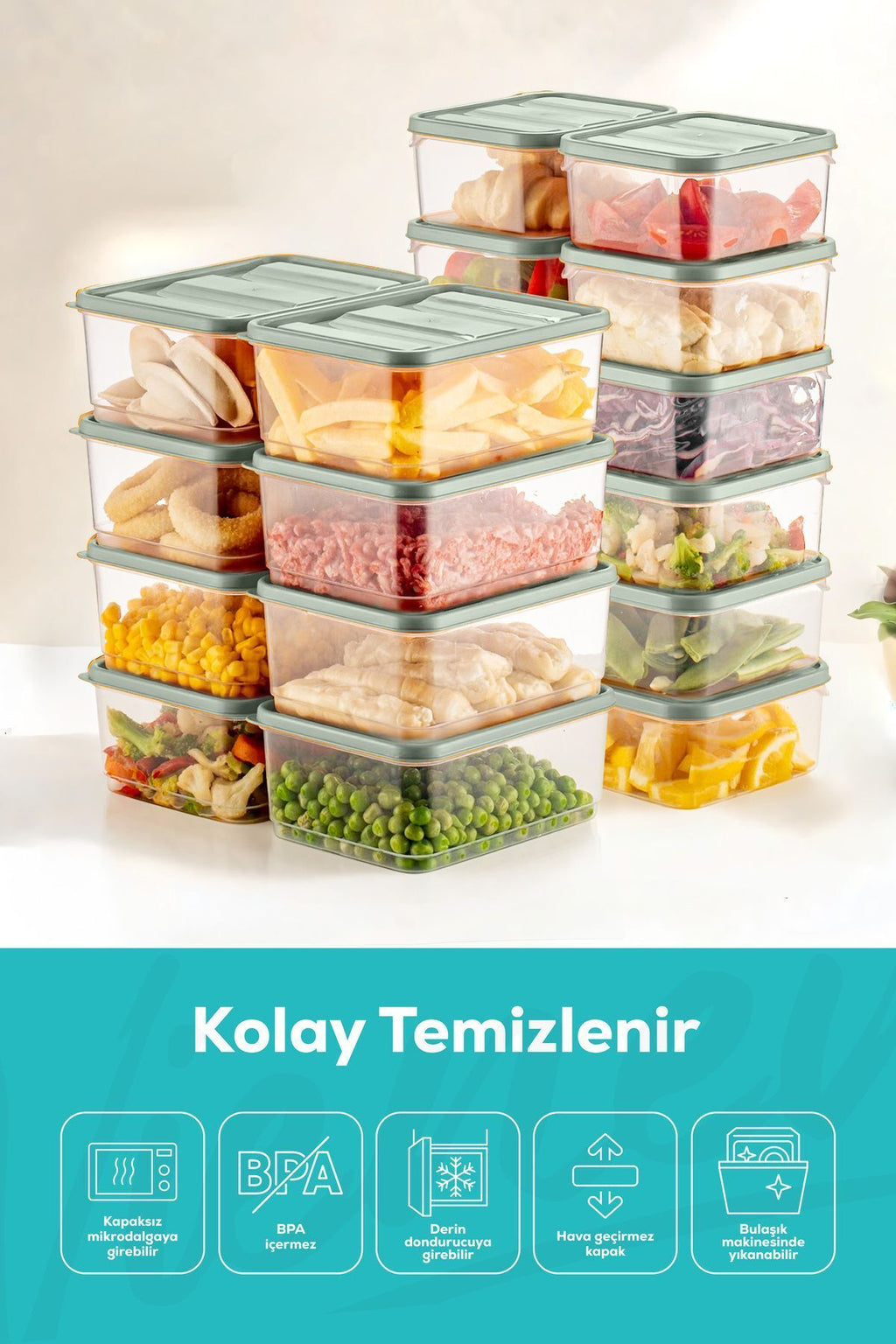 Mikrodalga ve Difrize Uygun 20 Parça Buzdolabı Düzenleyici Organizer Saklama Kabı Seti Mint