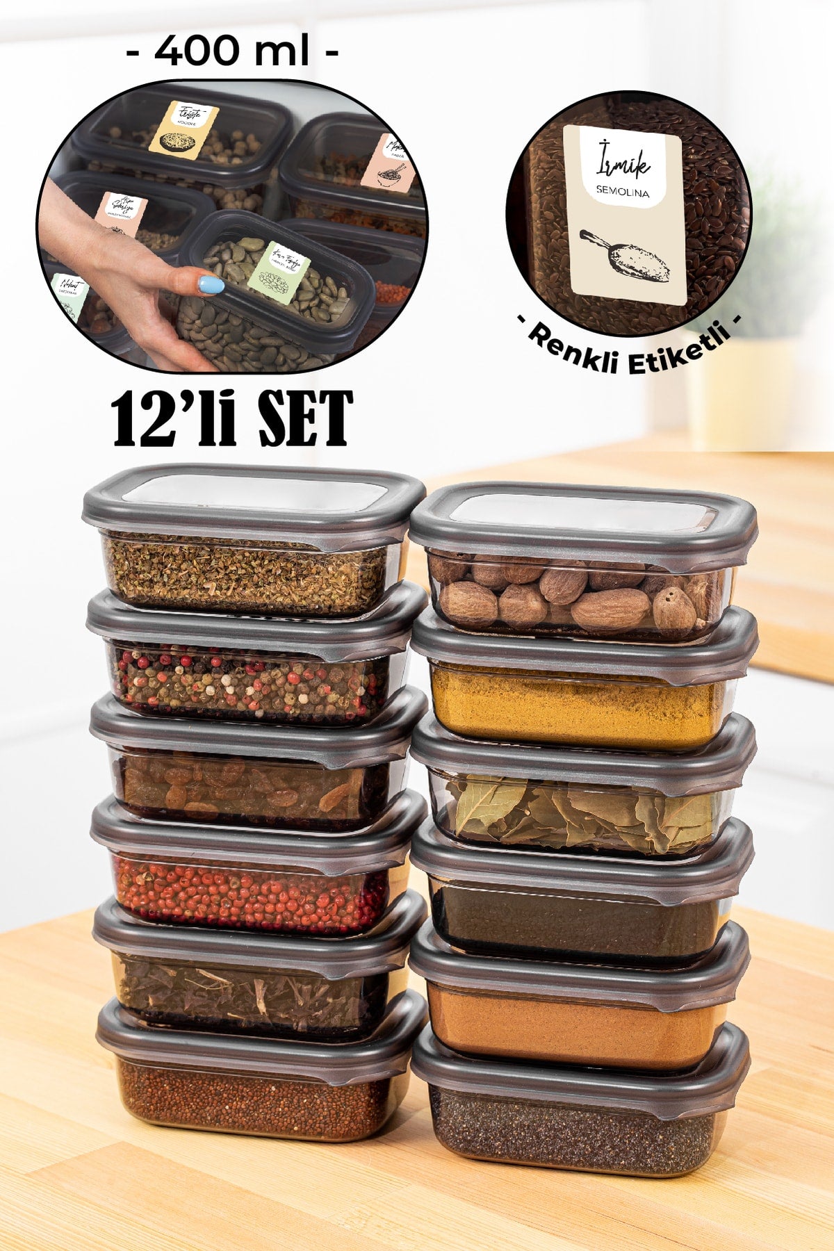 Renkli Etiketli 12li Peggy Dikdörtgen Baharat Saklama Kabı Seti 400 Ml Antrasit