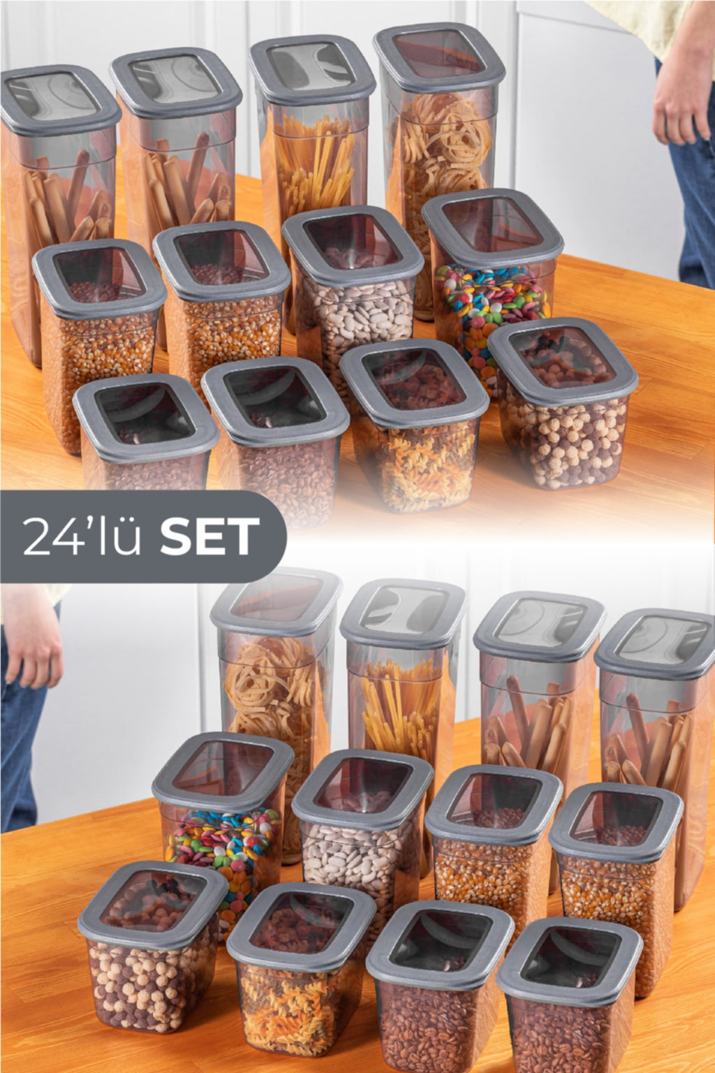 24lü Set Poli Şeffaf Kapaklı Uzun Dikdörtgen Saklama Kabı 8x(1,3 Litre, 2 Litre, 3,2 Litre)