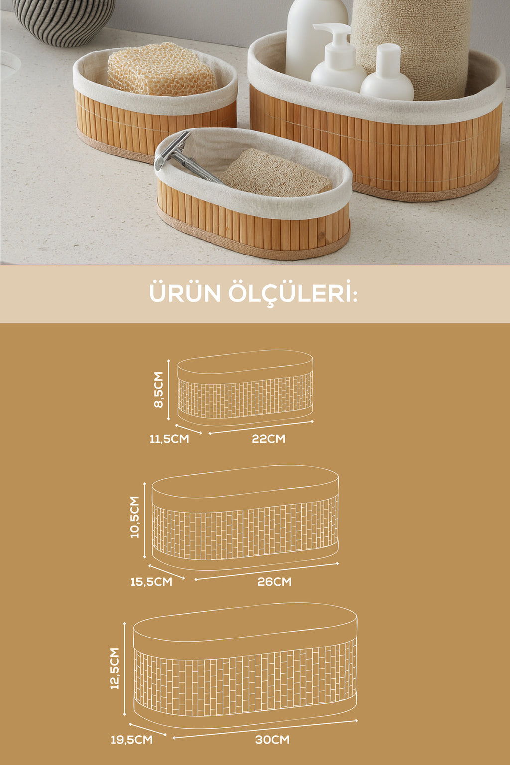 Bambu Hasır Oval 3'lü Organizer Sepet Seti - Çok Amaçlı Düzenleyici