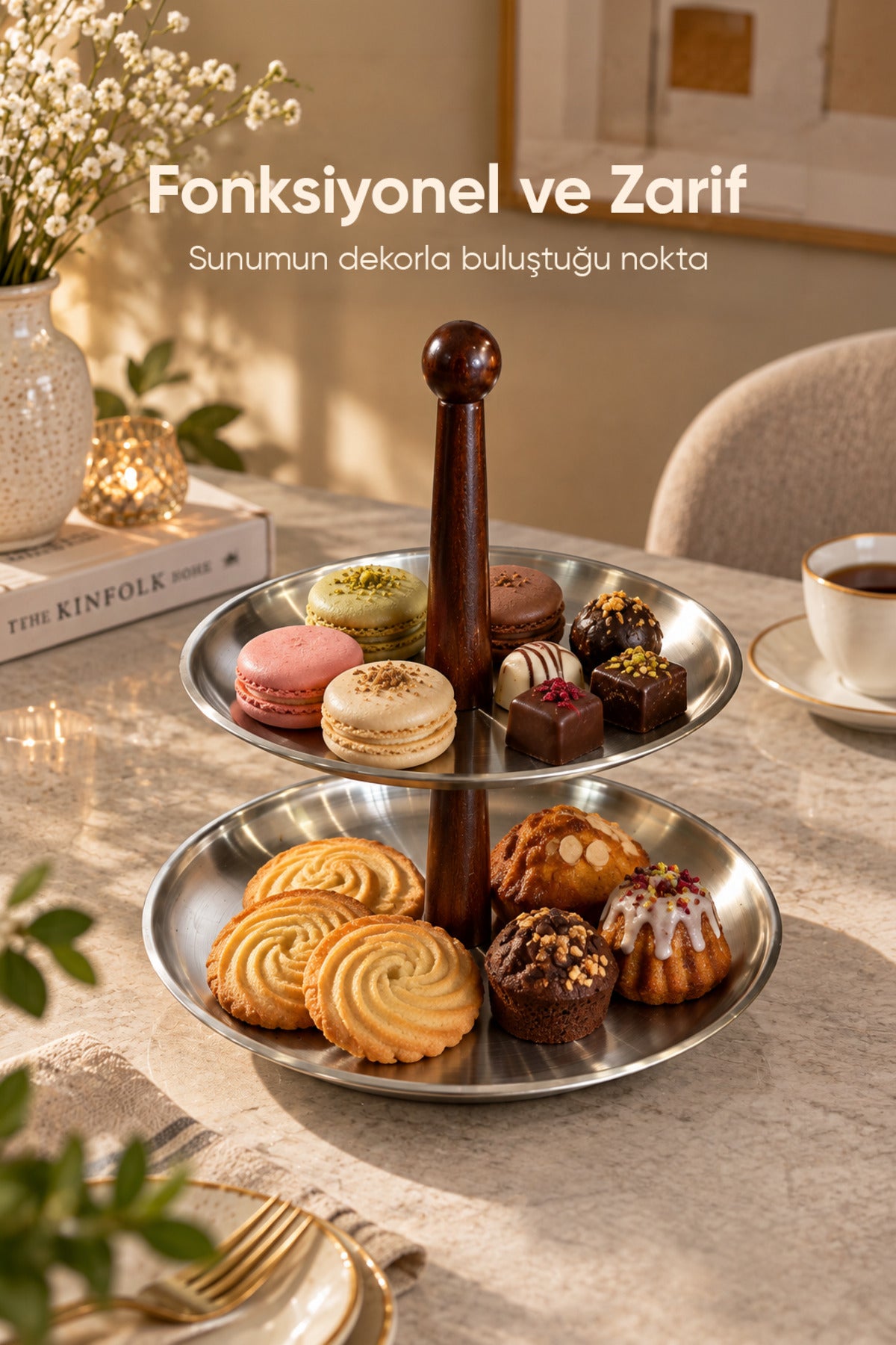 2 Katlı Ahşap Saplı Metal Sunumluk | Servis Standı Kurabiyelik Meyvelik Sunum Tabağı