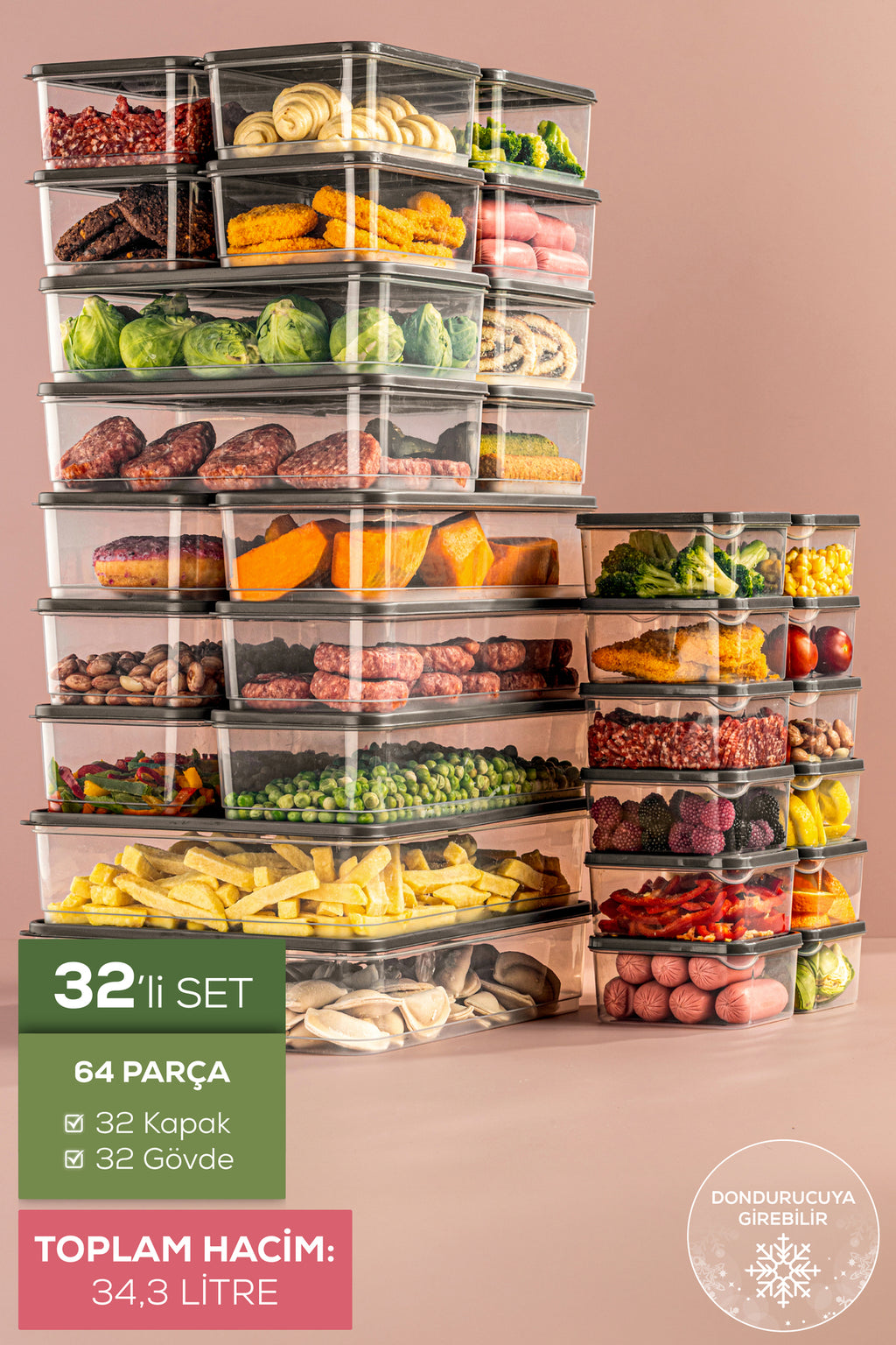 32'li Buzdolabı Düzenleyici Organizer Mikrodalgaya Uygun Difriz Saklama Kabı Gri