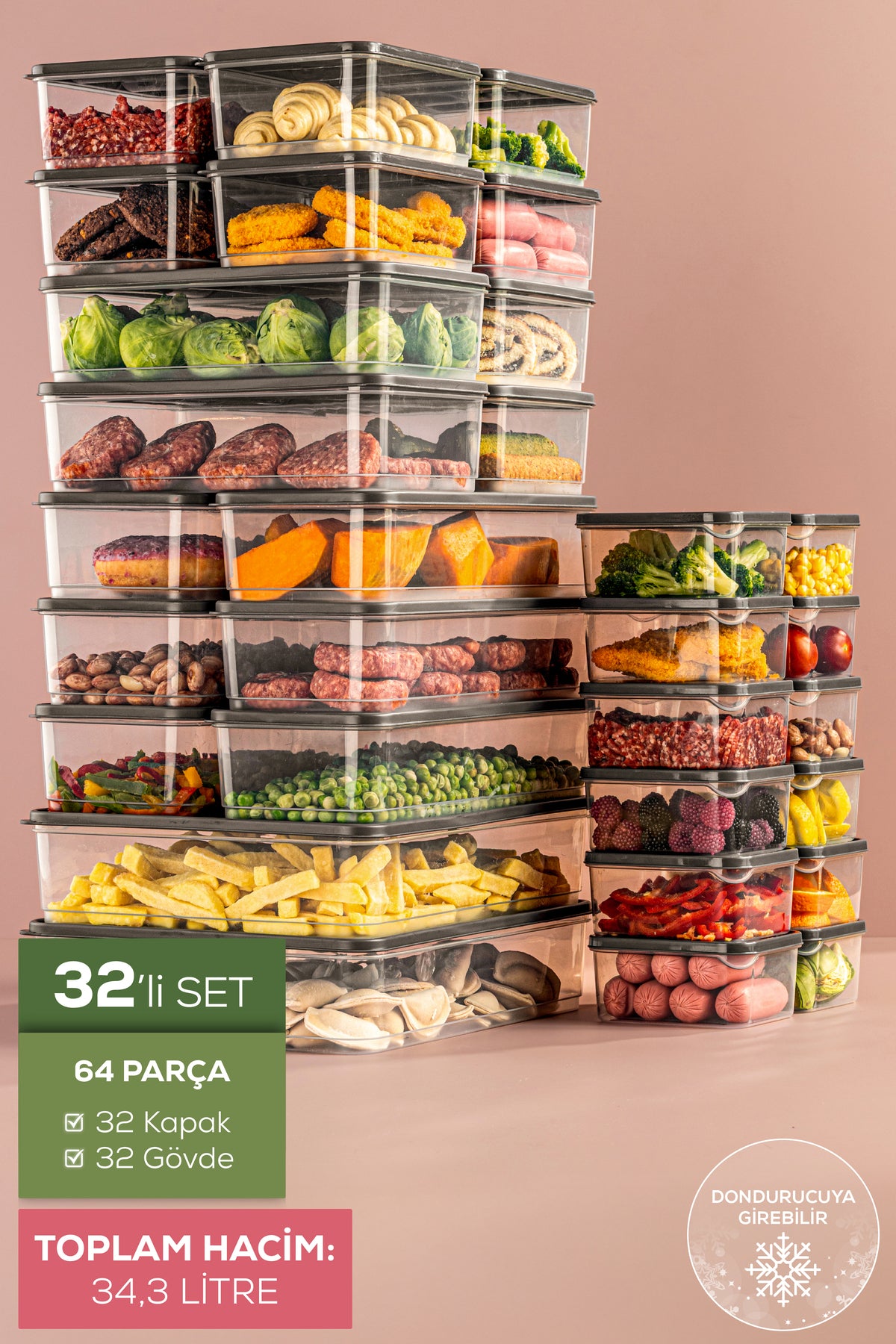 32'li Buzdolabı Düzenleyici Organizer Mikrodalgaya Uygun Difriz Saklama Kabı Gri