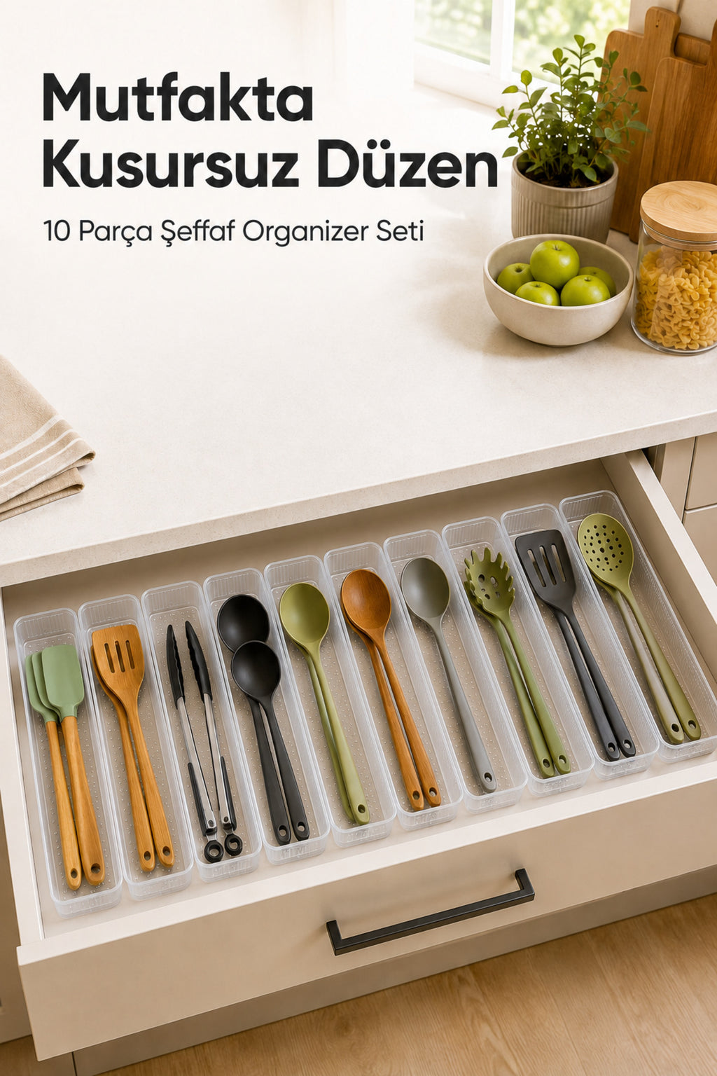 10'lu Modüler Şeffaf Kaşıklık Seti Çekmece İçi Mutfak Çatal Kaşık Bıçak Düzenleyici Organizer (10F)