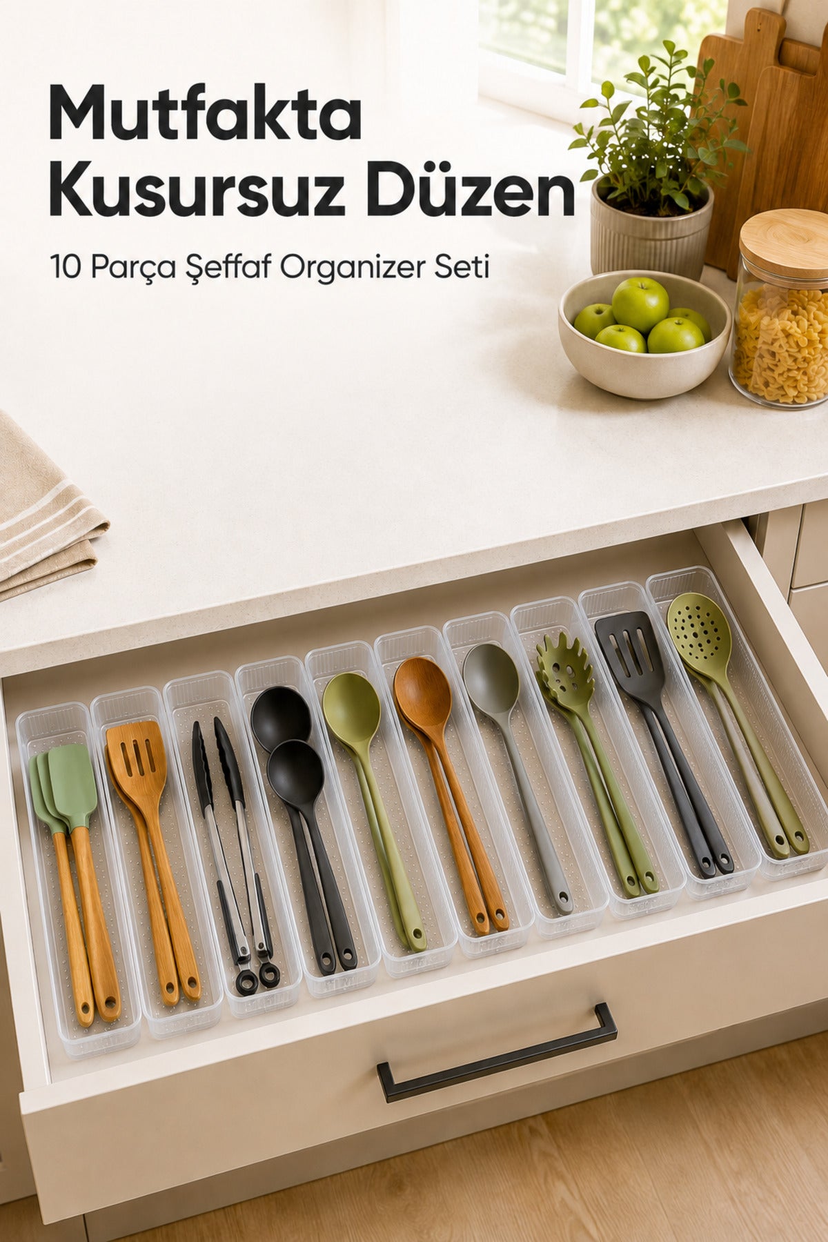 10'lu Modüler Şeffaf Kaşıklık Seti Çekmece İçi Mutfak Çatal Kaşık Bıçak Düzenleyici Organizer (10F)