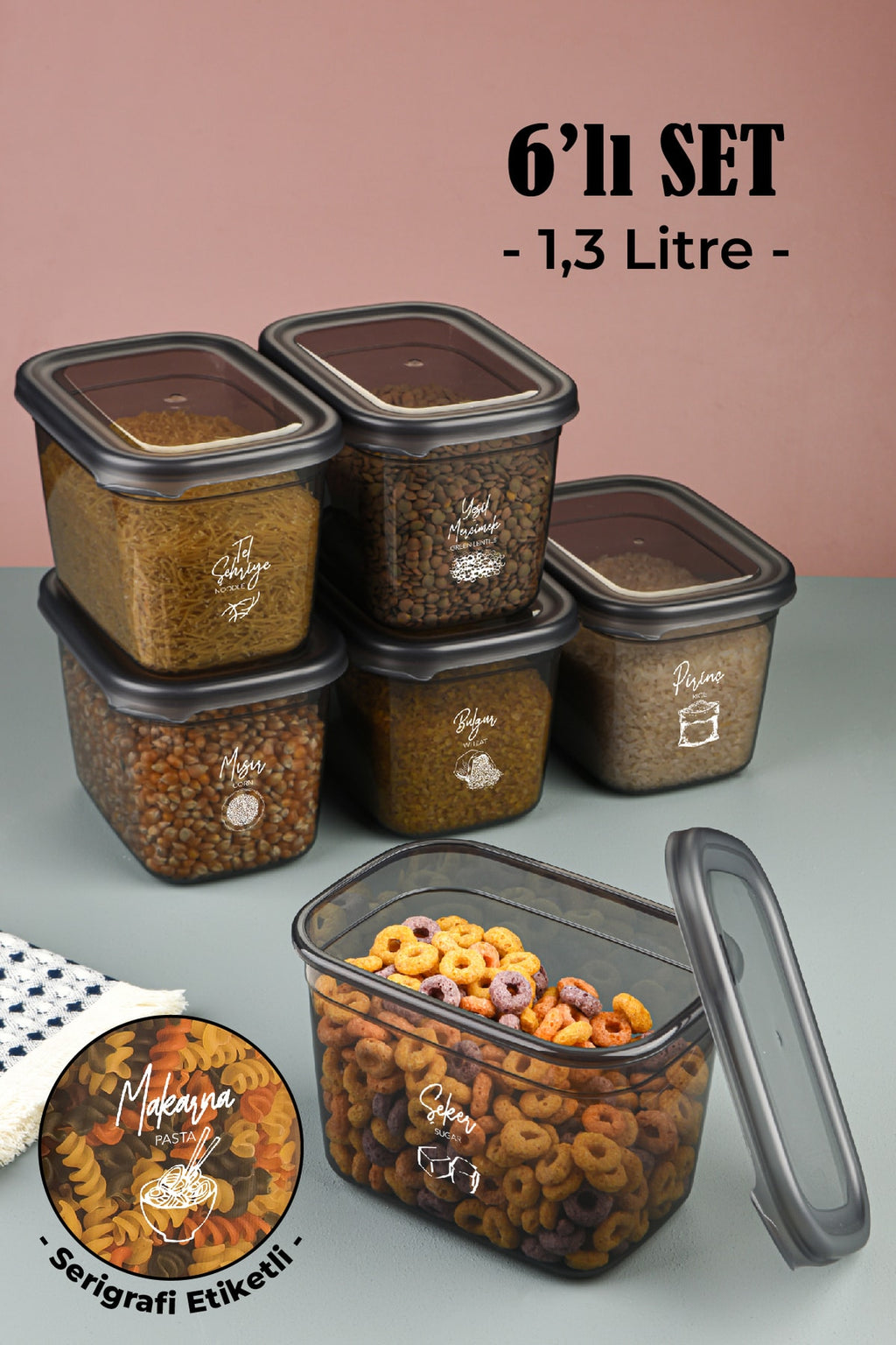Beyaz Serigrafi Etiketli 6lı Set Peggy Dikdörtgen Saklama Kabı 1,3 Litre Antrasit
