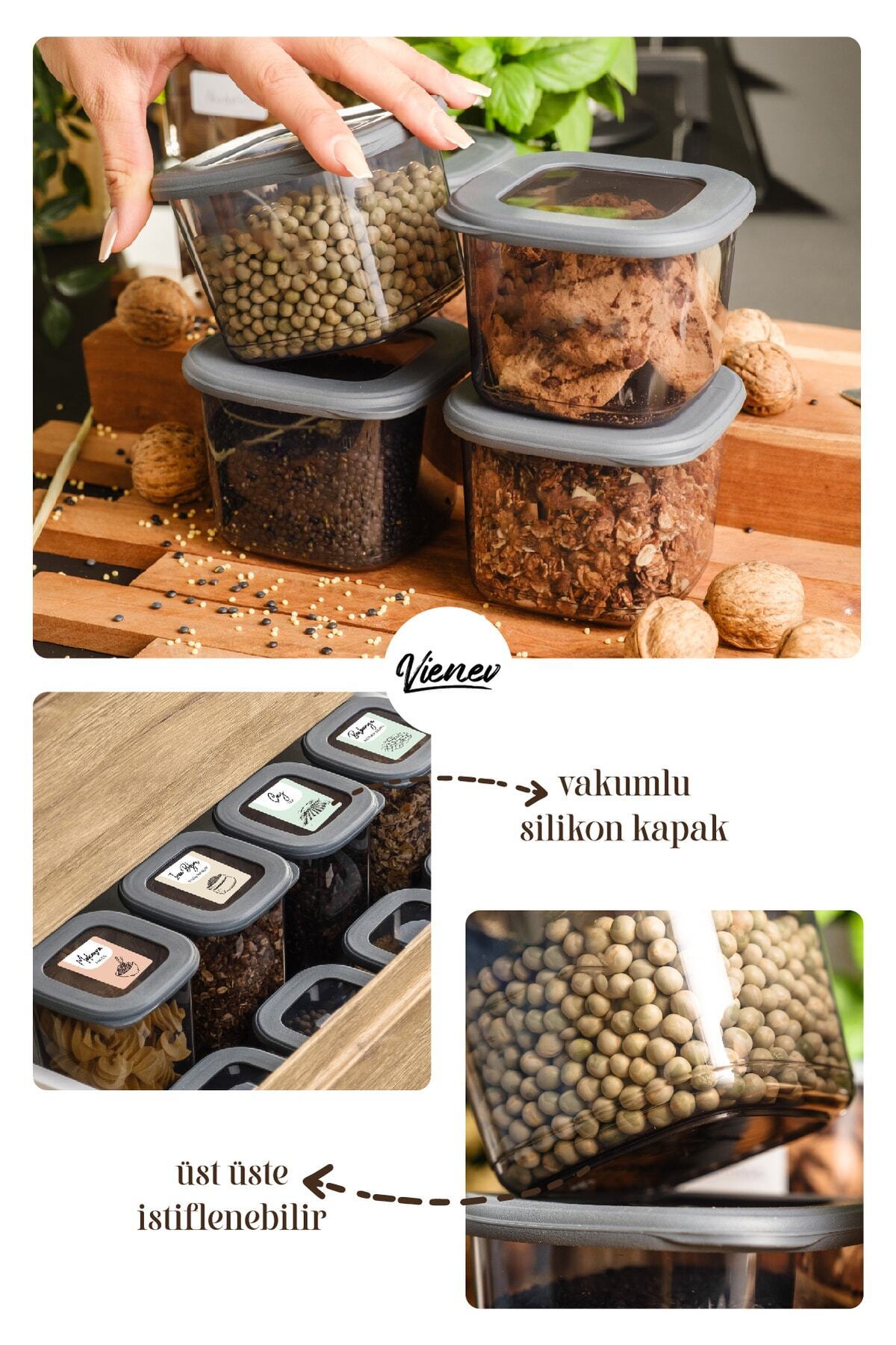Renkli Etiketli 12li Foly Kare Erzak Saklama Kabı 1,2 Litre Antrasit