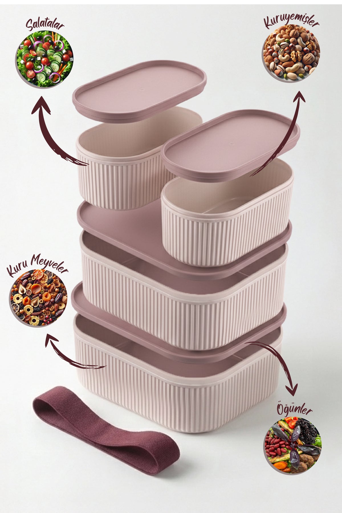 4'lü Elastik Bantlı İstiflenebilir Pratik Saklama Kabı Seti 2x(1100 ml) 2x(2400 ml) Pembe