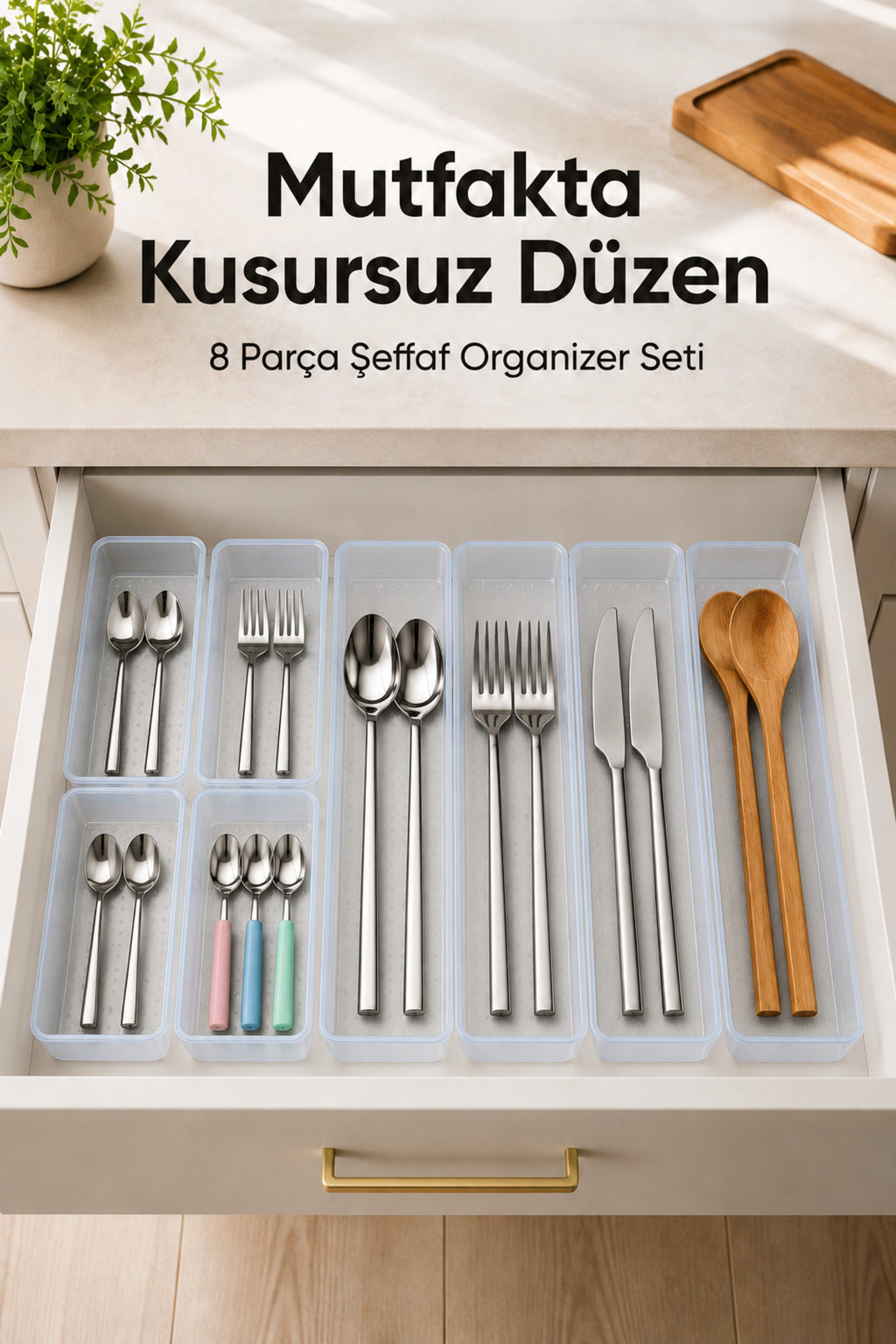 8'li Modüler Şeffaf Kaşıklık Seti Çekmece İçi Mutfak Çatal Kaşık Bıçak Düzenleyici Organizer (4F4C)