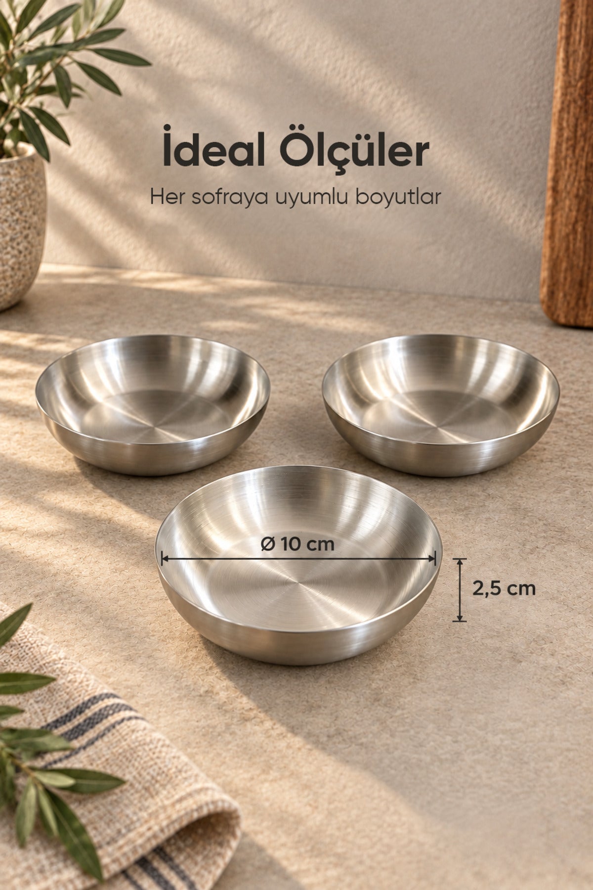 3'lü Paslanmaz Çelik Sunum Kasesi 10 cm Mini İkramlık Çerezlik Tatlı Servis Tabağı