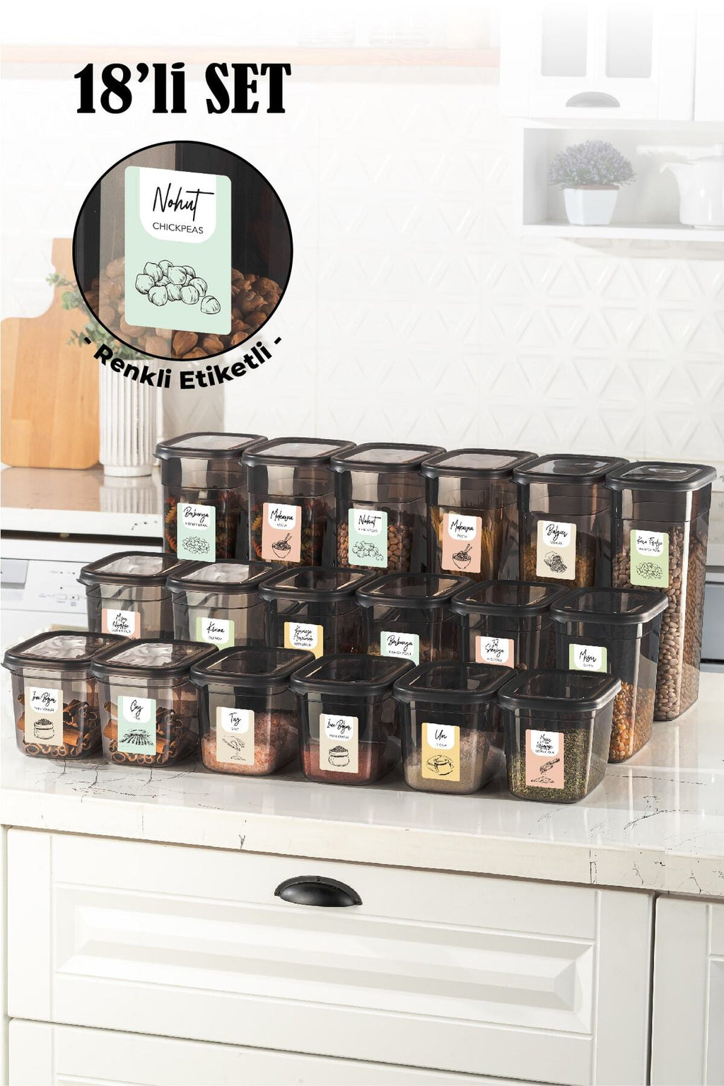 Renkli Etiketli 18li Set Peggy Dikdörtgen Saklama Kabı 6x(1,3-2-3,2 Litre) Antrasit