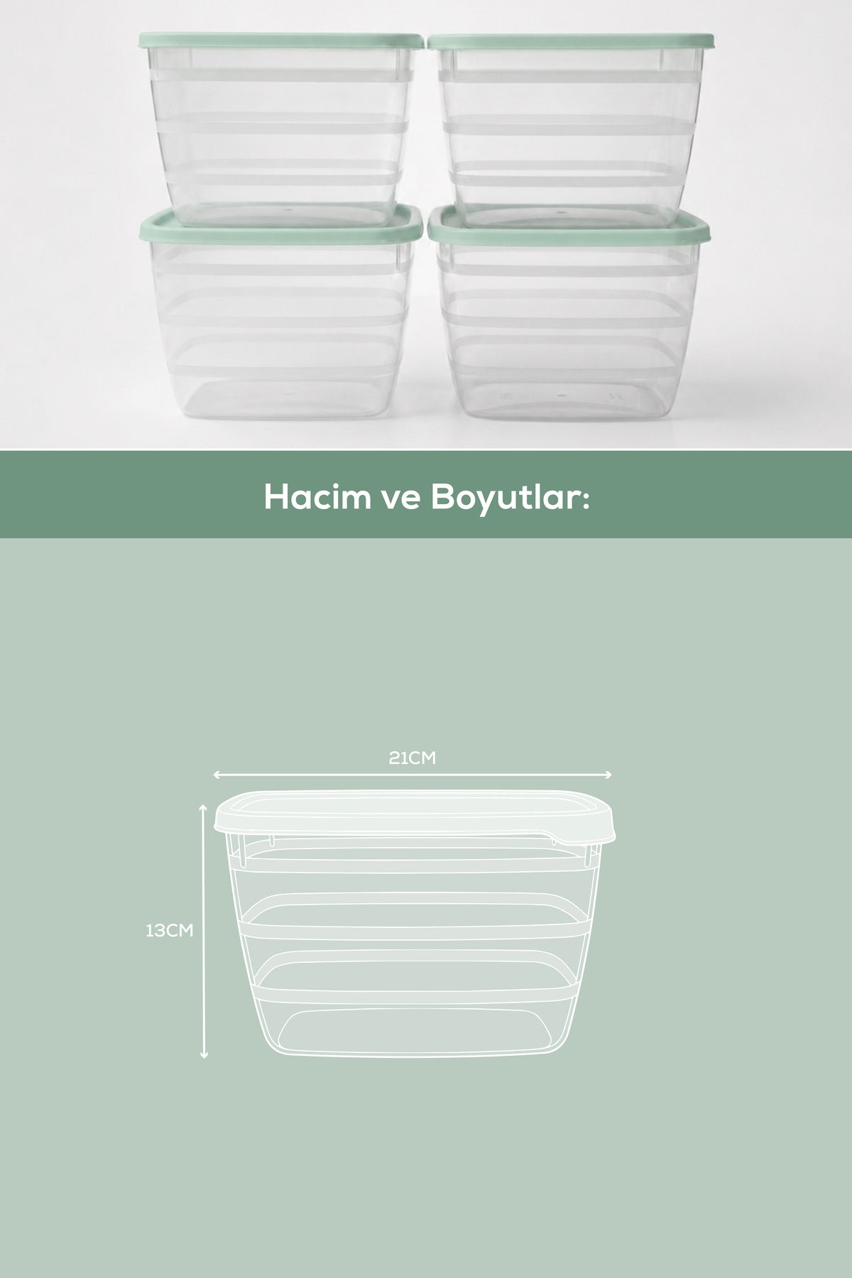 4'lü Set 4 Lt Kare Saklama Kabı Mint Yeşili - Mutfak ve Buzdolabı Düzenleyici