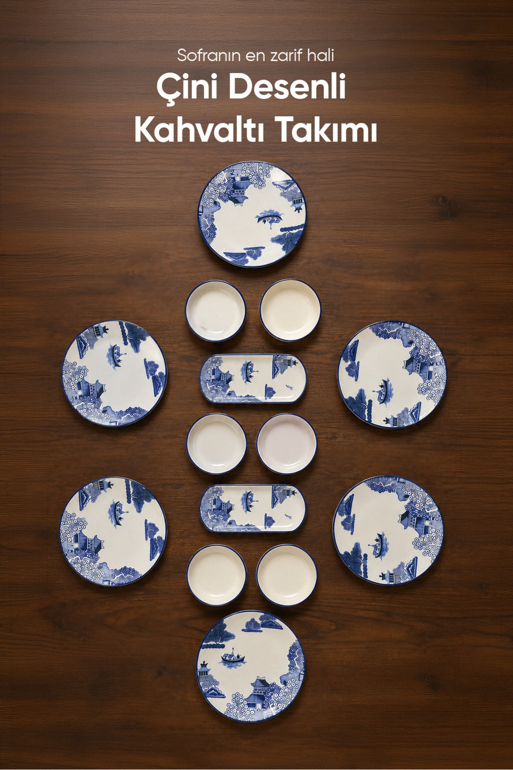 Mavi Çini Desenli 14 Parça 6 Kişilik Seramik Kahvaltı Takımı Servis Sunum Tabaklı Dekoratif Sofra Seti