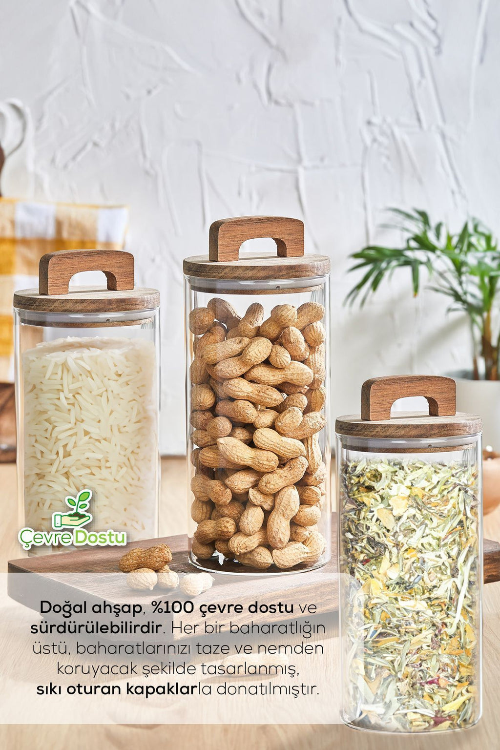 3'lü 1400 ml Ahşap Kapaklı Tutacaklı Kavanoz