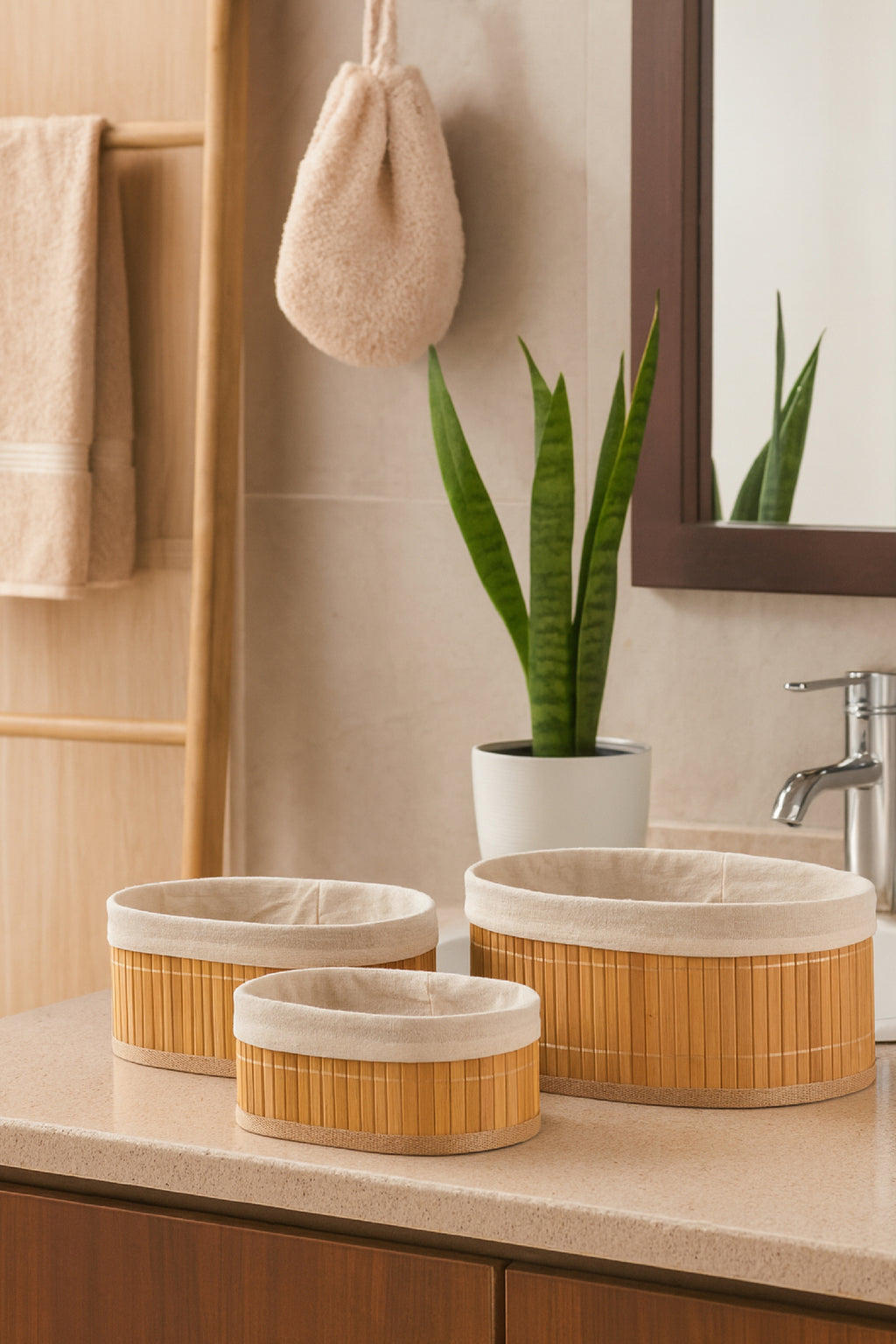 Bambu Hasır Oval 3'lü Organizer Sepet Seti - Çok Amaçlı Düzenleyici
