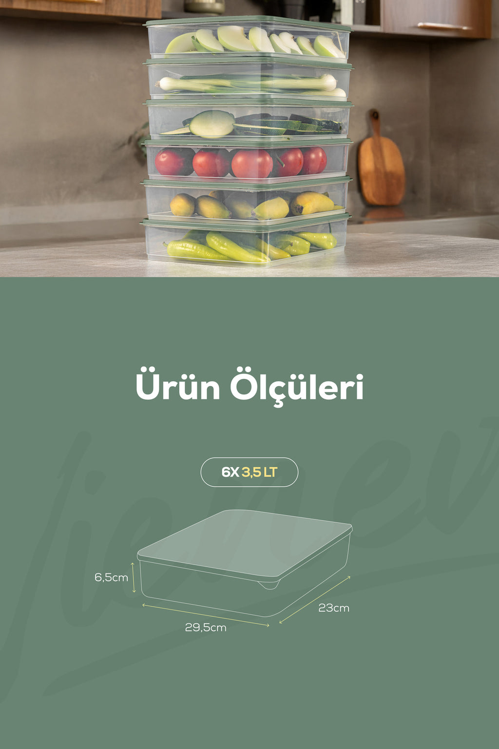 6'lı 3,5 Litre Buzdolabı Dondurucu Organizer Mikrodalga Ve Difrize Uygun Saklama Kabı Yeşil