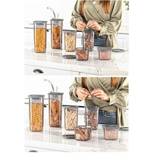Etiketli Kare Erzak Saklama Kabı 6'lı Set Orta Boy 1,2 Litre Antrasit