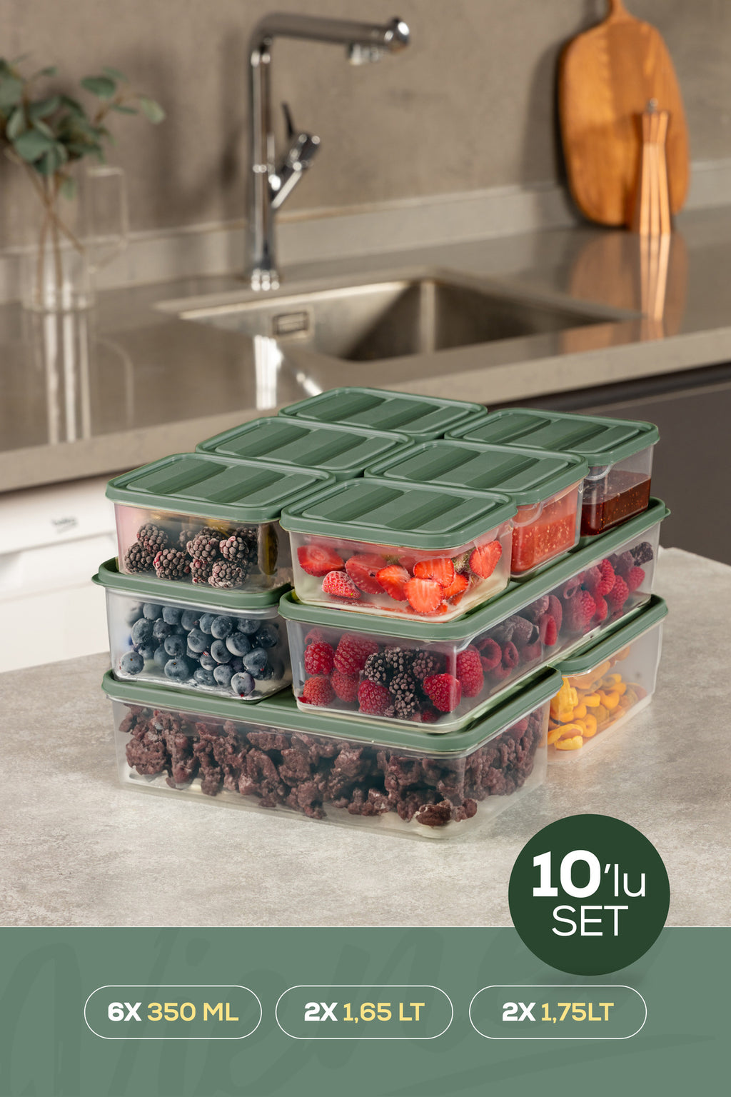 10'lu Buzdolabı Dondurucu Organizer Ve Saklama Kabı Yeşil 6x(350ML) 2x(1,65LT) 2x(1,75LT)
