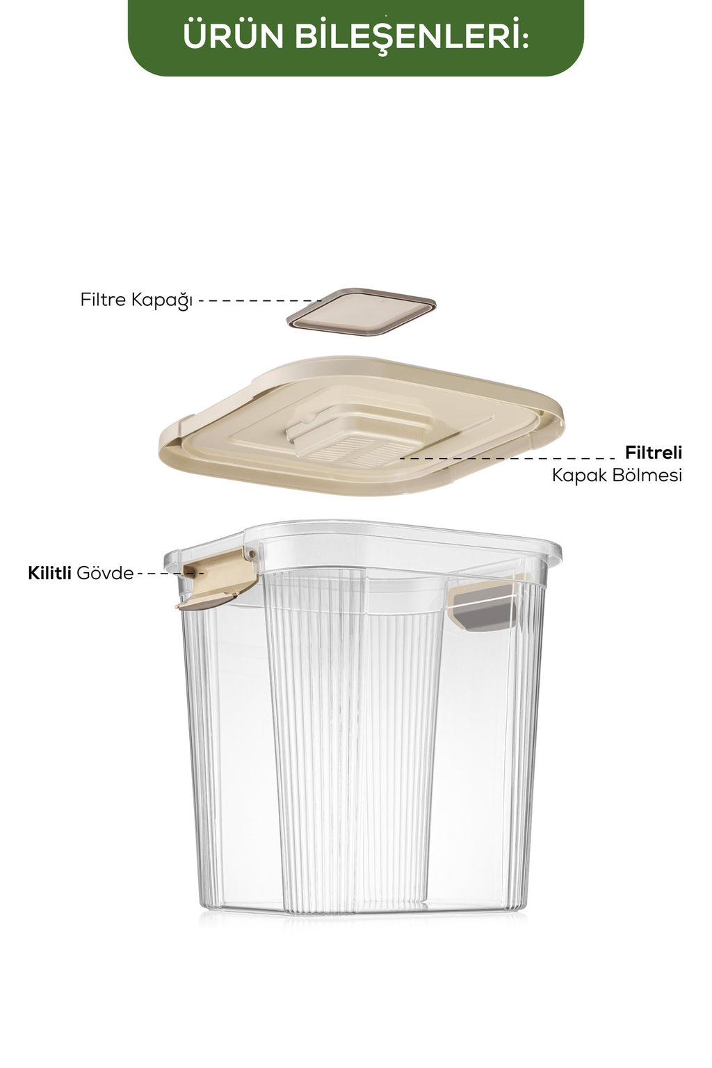 2'li 12 Litre Kare Çok Amaçlı Filtre Kapaklı Un Bakliyat Saklama Kabı Bej
