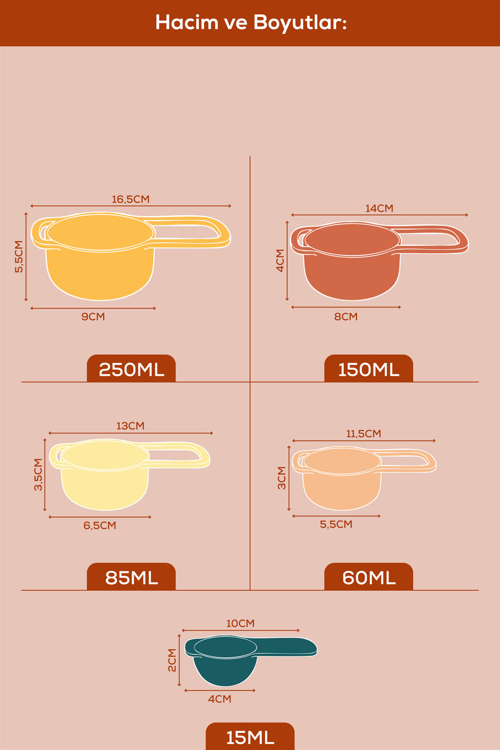 5’li Renkli Ölçü Kaşığı Seti Toprak Renkli (15-60-85-150-250 ml) | Mutfak Ölçü Seti