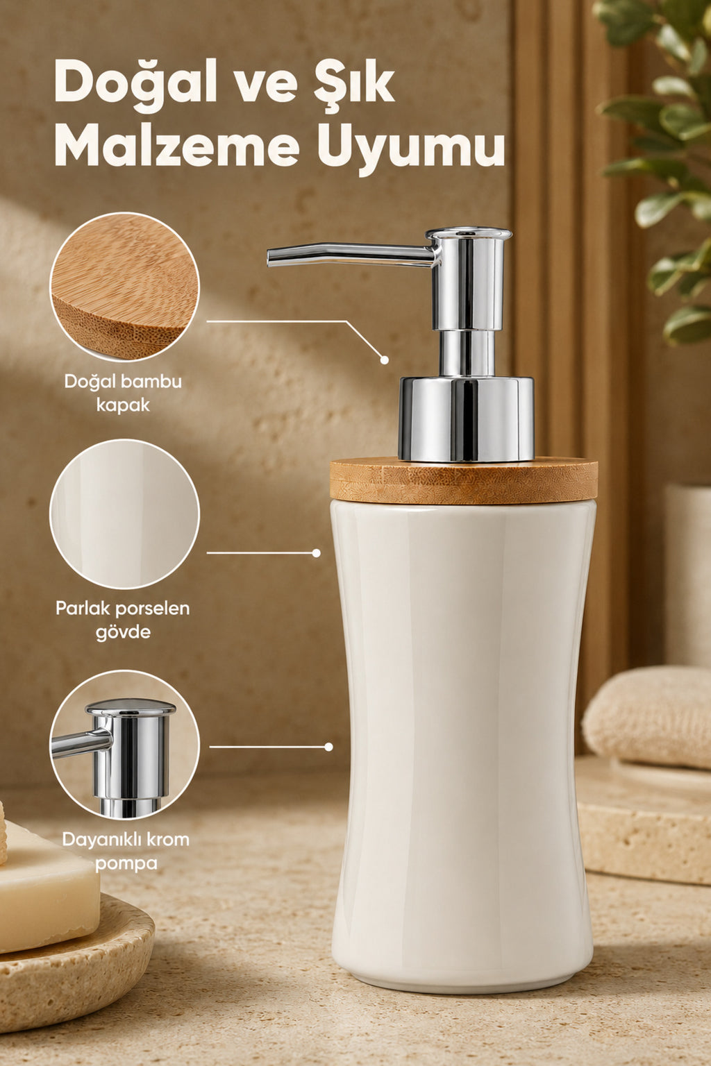 Bambu Kapaklı Porselen Sıvı Sabunluk 300 ml Bej