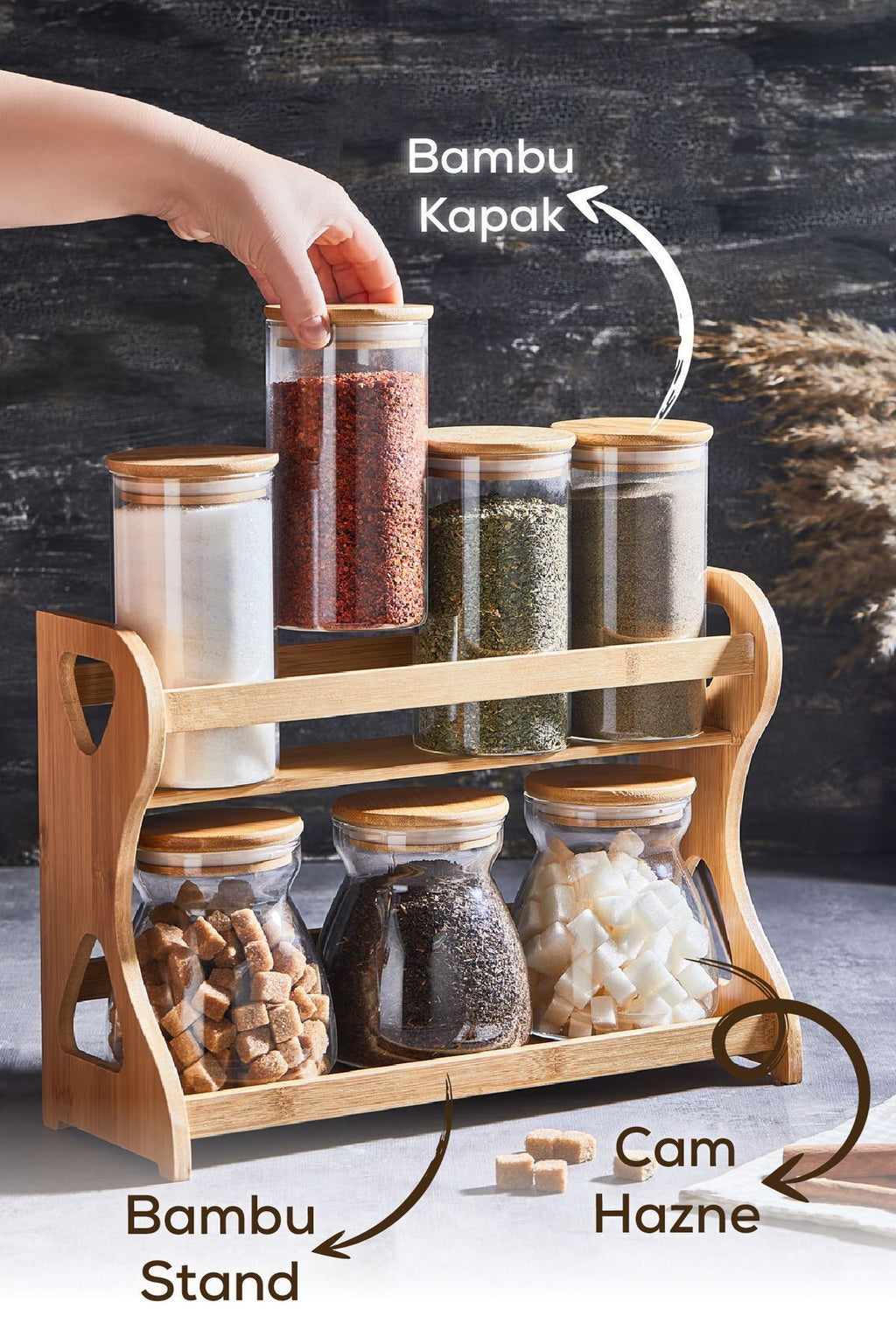 Bambu 7'li Cam Baharatlık Standlı