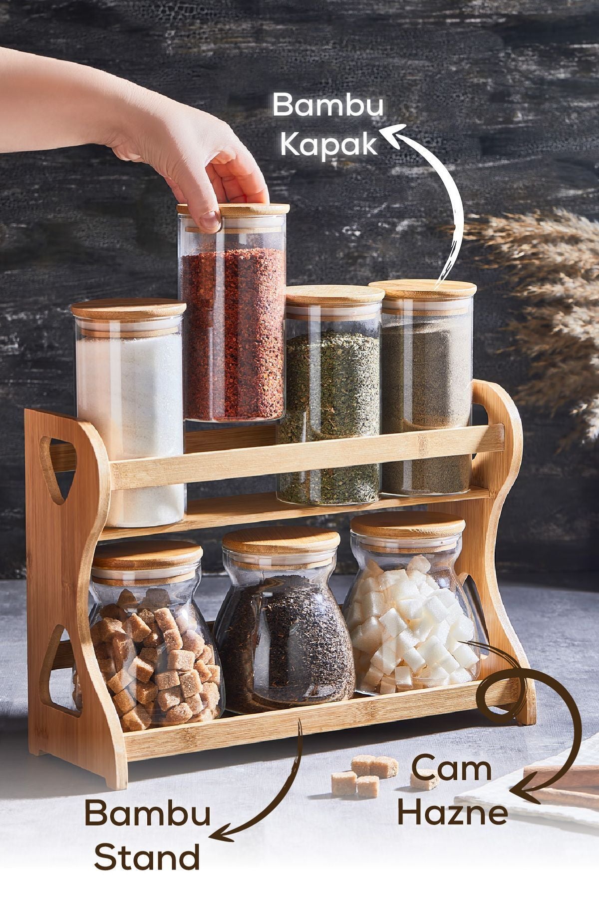 Bambu 7'li Cam Baharatlık Standlı