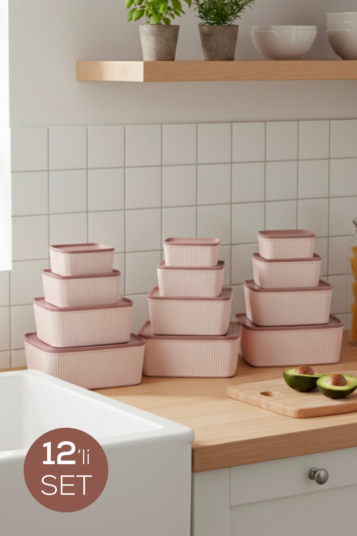 12'li Çizgili Dikdörtgen Saklama Seti Pembe | 2.5L 1.5L 0.80L 0.45L | Mikrodalga ve Dondurucu Uyumlu