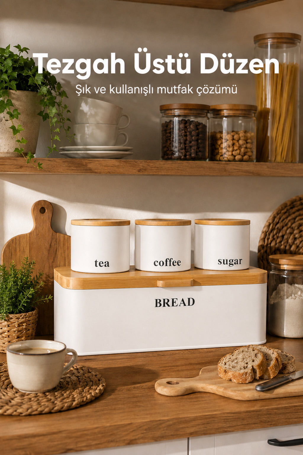Dikdörtgen Ahşap Kapaklı Metal Ekmek Kutusu Ve 3lü Yuvarlak Çay Kahve Şeker Saklama Kabı Seti Beyaz