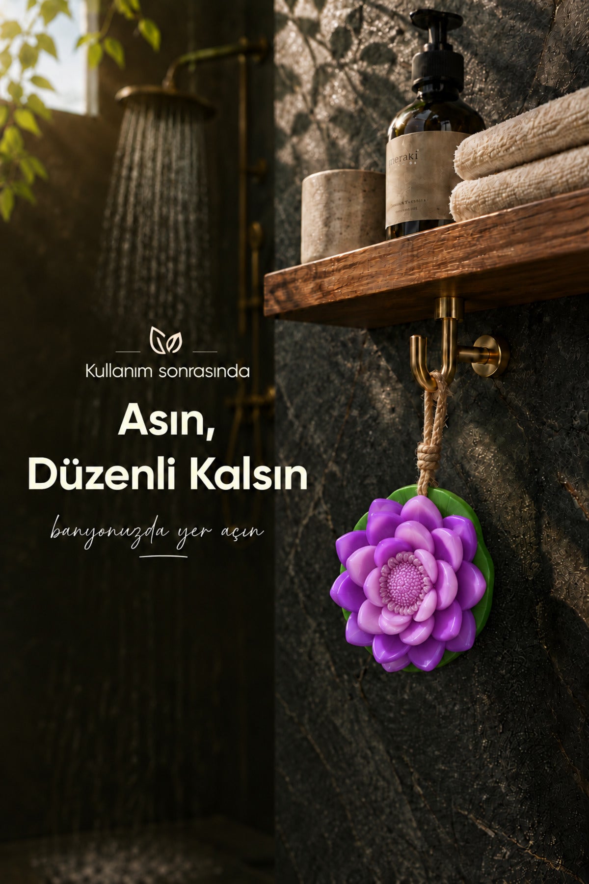 Yapraklı Mor Nilüfer Şekilli Katı Sabun 9,5 x3,5 cm Asılabilir Dekoratif Banyo El Sabun