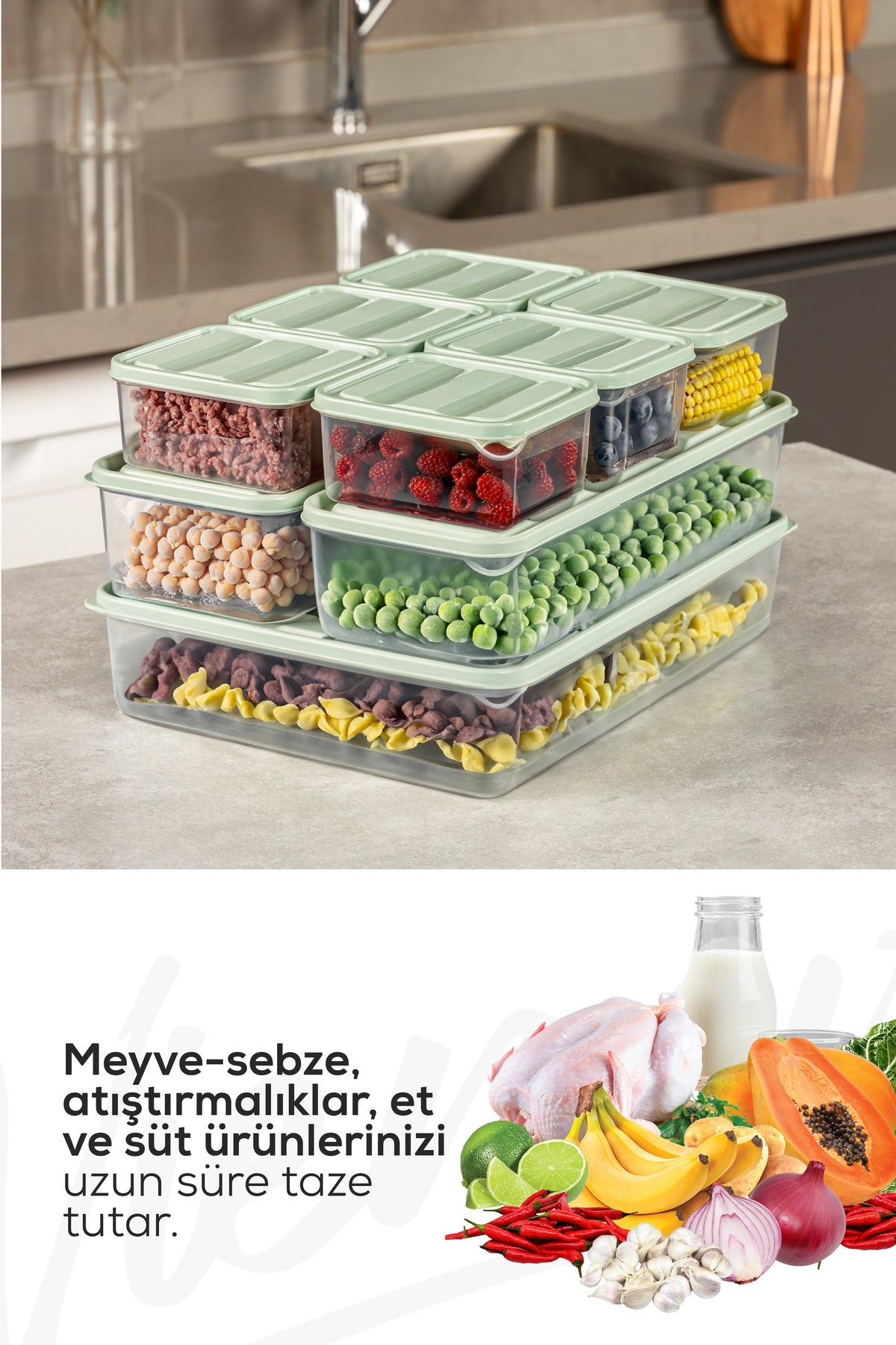 15'li Buzdolabı Dondurucu Organizer Ve Saklama Kabı Mint 12x(350ML) 2x(1,65LT) 1x(3,5LT)