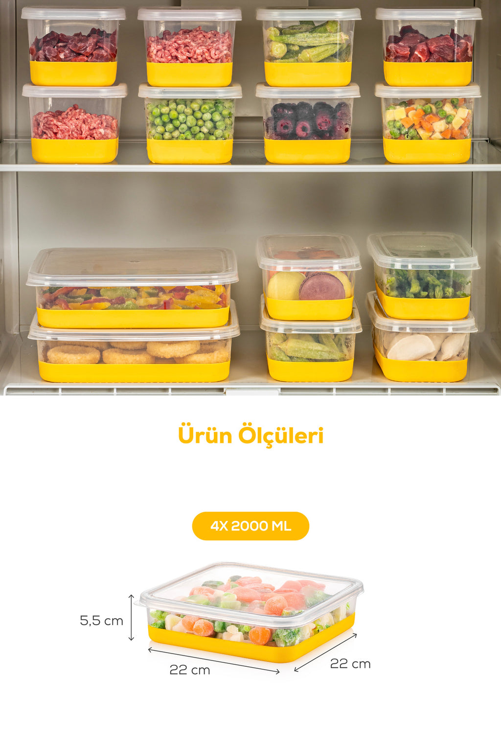 4 Adet 2000 ml Yumuşak Tabanlı Derin Dondurucu - Difriz Saklama Kabı Sarı