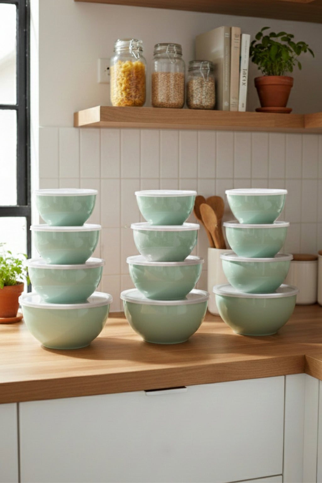 12'li Yuvarlak Kase Seti Mint Yeşili | 1l, 1.5l, 2.3l, 3.3l | Kapaklı Mutfak Saklama Kabı
