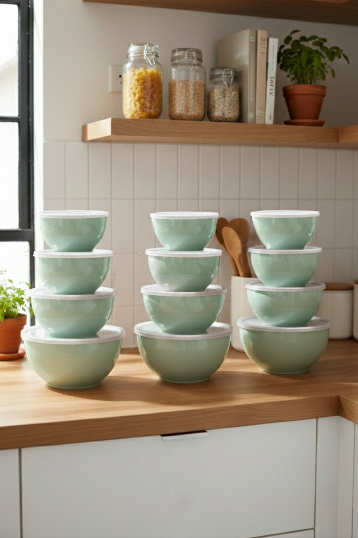 12'li Yuvarlak Kase Seti Mint Yeşili | 1l, 1.5l, 2.3l, 3.3l | Kapaklı Mutfak Saklama Kabı