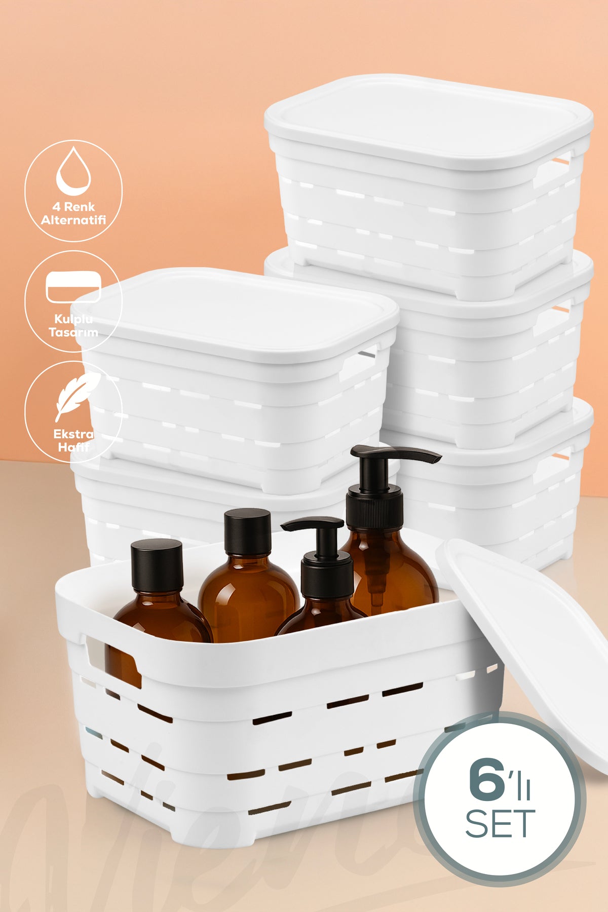6'lı Kapaklı 3,8 Litre Delikli Saklama Kutusu Beyaz