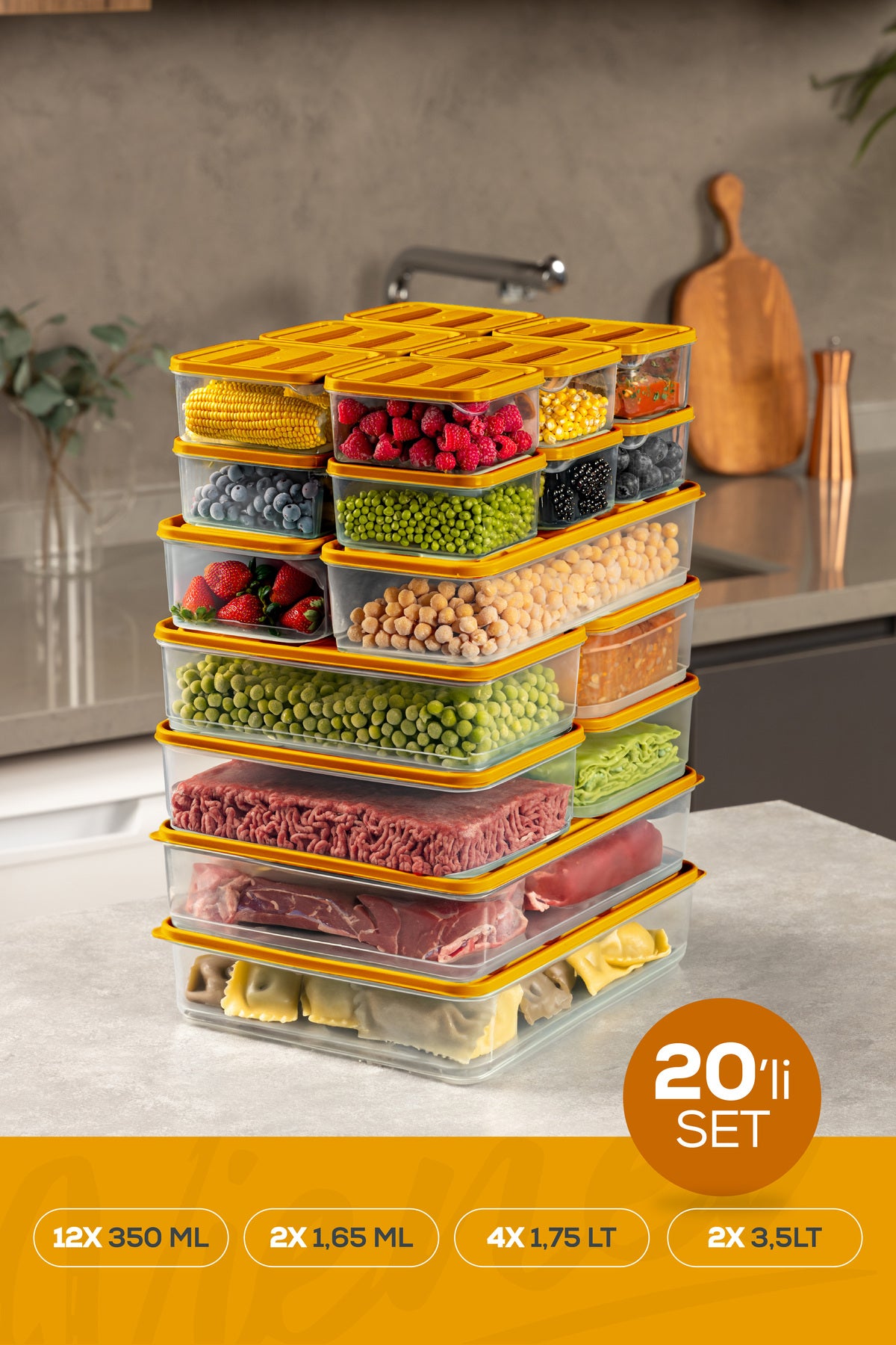 20'li Buzdolabı Organizer Ve Saklama Kabı Turuncu 12x(350ML) 4x(1,75LT) 2x(1,65LT) 2x(3,5LT)