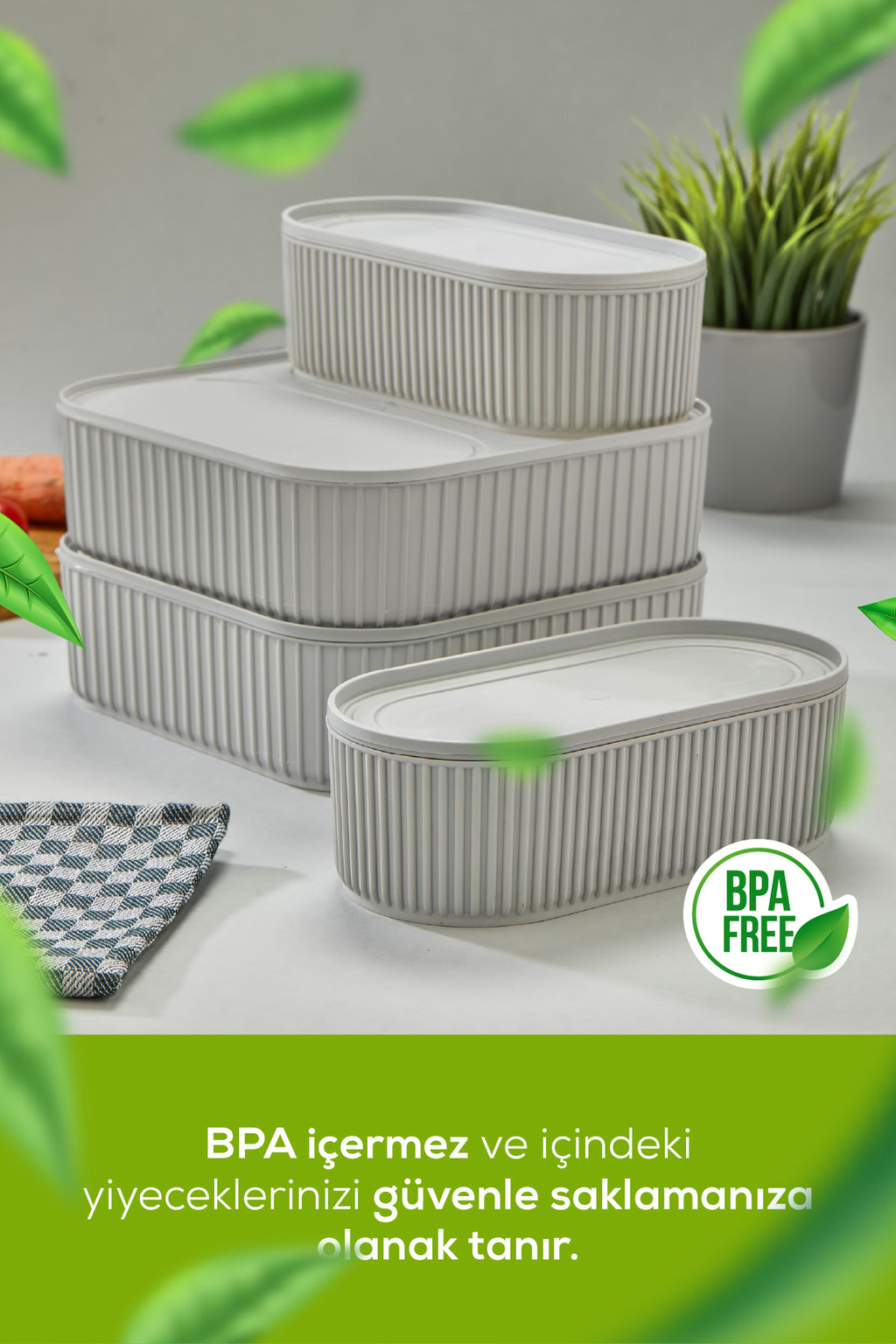4'lü Elastik Bantlı İstiflenebilir Pratik Saklama Kabı Seti 2x(1100 ml) 2x(2400 ml) Gri