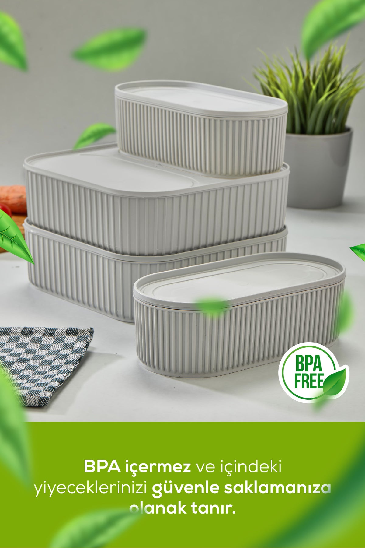 4'lü Elastik Bantlı İstiflenebilir Pratik Saklama Kabı Seti 2x(1100 ml) 2x(2400 ml) Gri