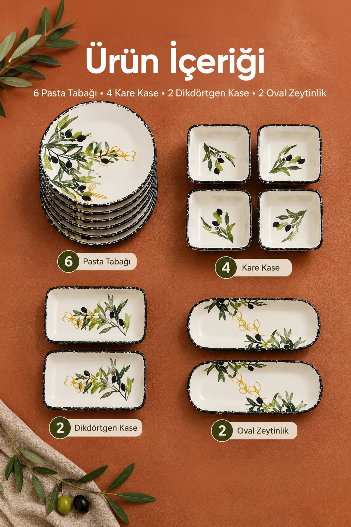 14 Parça 6 Kişilik Zeytin Model Seramik Kahvaltı Takımı 6 Pasta Tabağı 4 Kare Kase 2 Dikdörtgen Kase 2 Oval Zeytinlik
