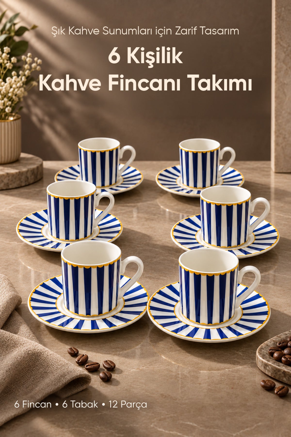 6 Kişilik Mavi Çizgili Porselen Kahve Fincanı Takımı 12 Parça Altın Yaldız Detaylı Şık Sunum Seti