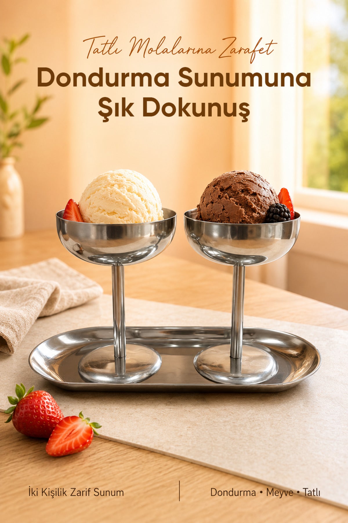 3'lü Set Gümüş Renk Metal Dondurmalık Seti (2x Geniş Uzun Kase 1x Kayık Tabak) - Şık Sunum ve Tatlı Kasesi