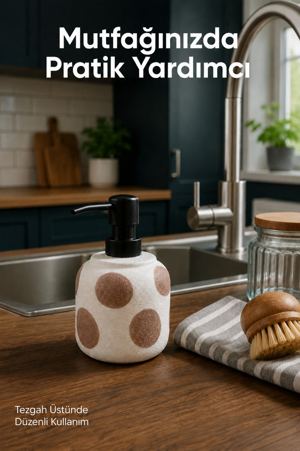 Kahverengi Puantiyeli Seramik Sıvı Sabunluk 380 ml Beyaz Lüks Banyo Mutfak Sıvı Sabunluk