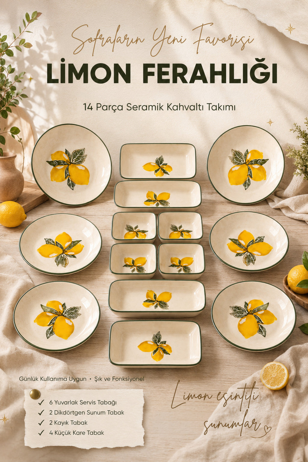 Limon Desenli Seramik Kahvaltı Takımı 14 Parça Ikram Sunum Tabak Seti