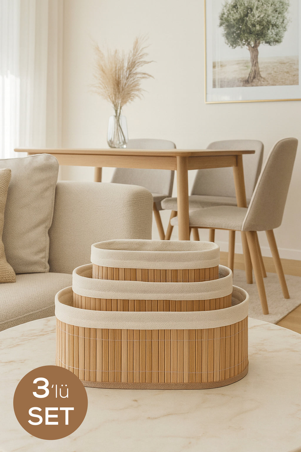 Bambu Hasır Oval 3'lü Organizer Sepet Seti - Çok Amaçlı Düzenleyici