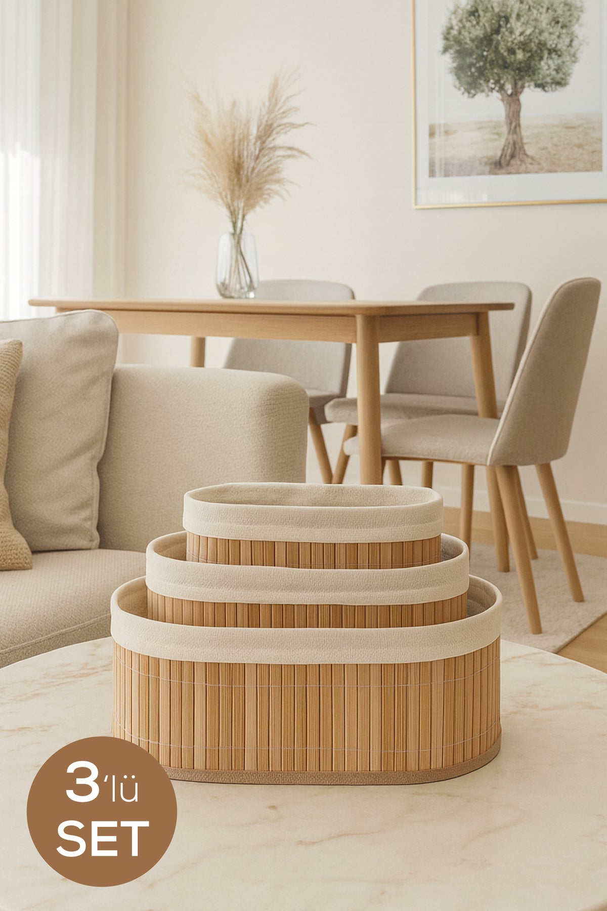 Bambu Hasır Oval 3'lü Organizer Sepet Seti - Çok Amaçlı Düzenleyici