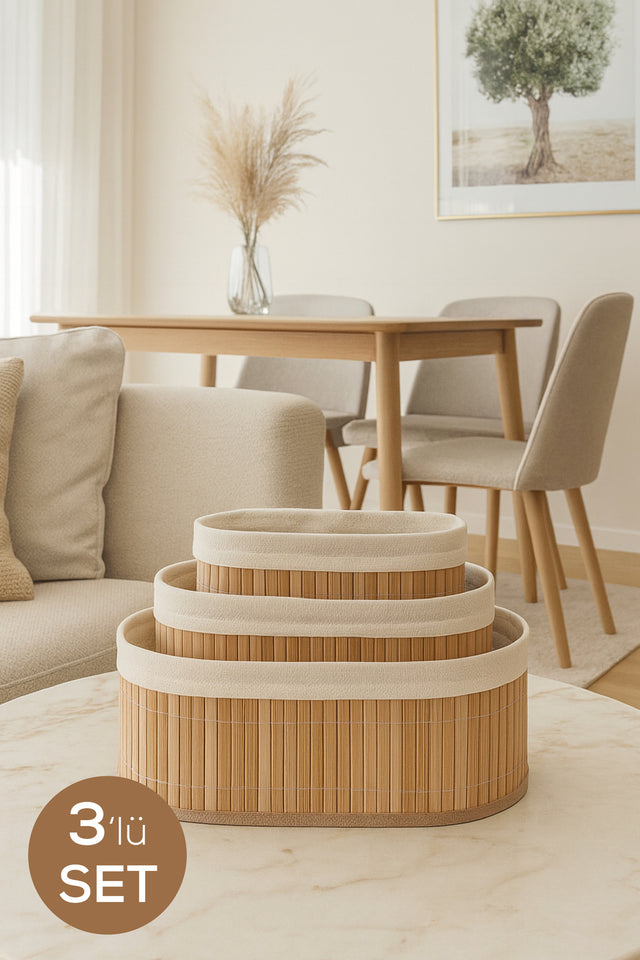 3'lü Oval Bambu Hasır Organizer Sepet