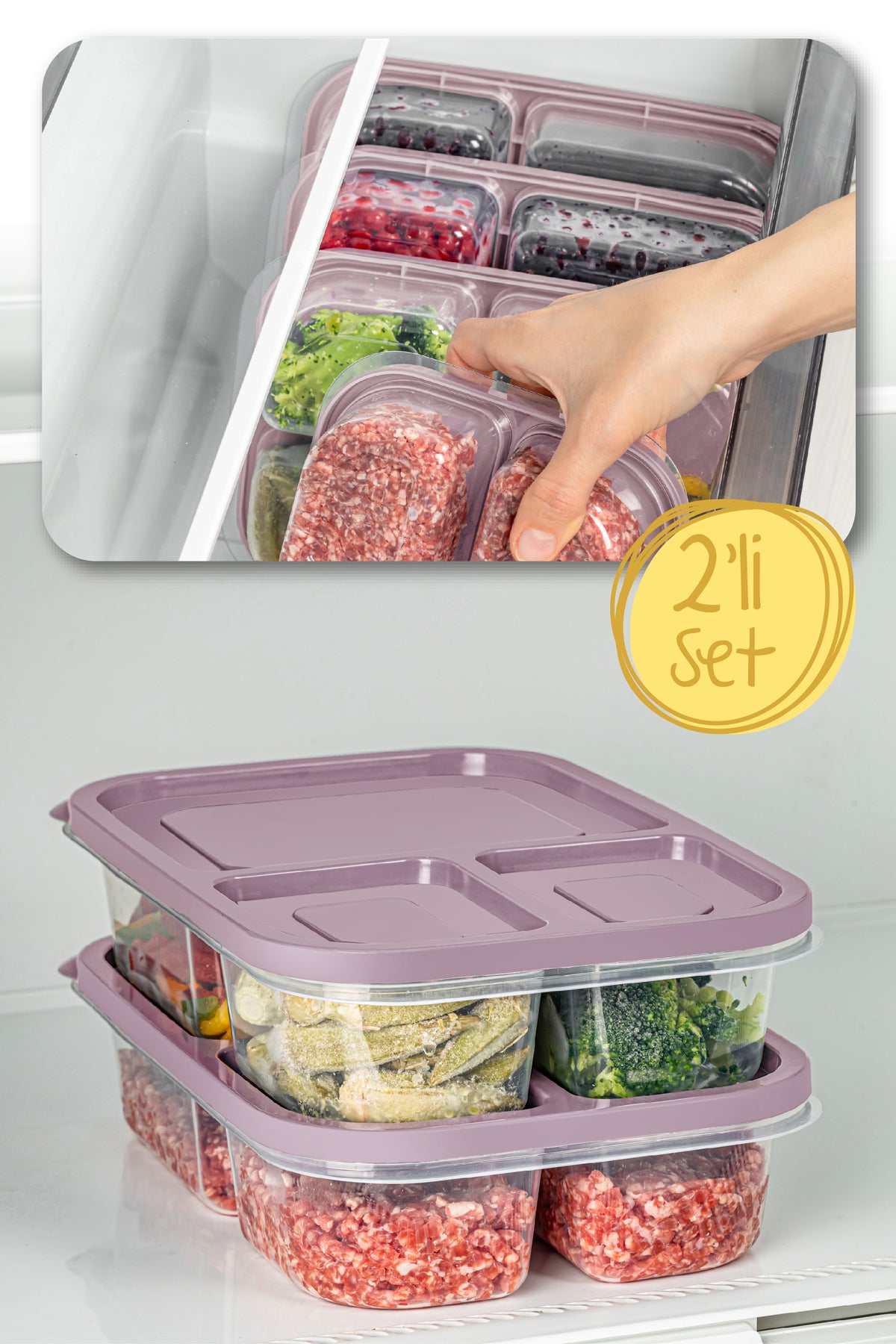 2'li 3 Bölmeli Dikdörtgen Saklama Kabı 1,15 Litre Pembe